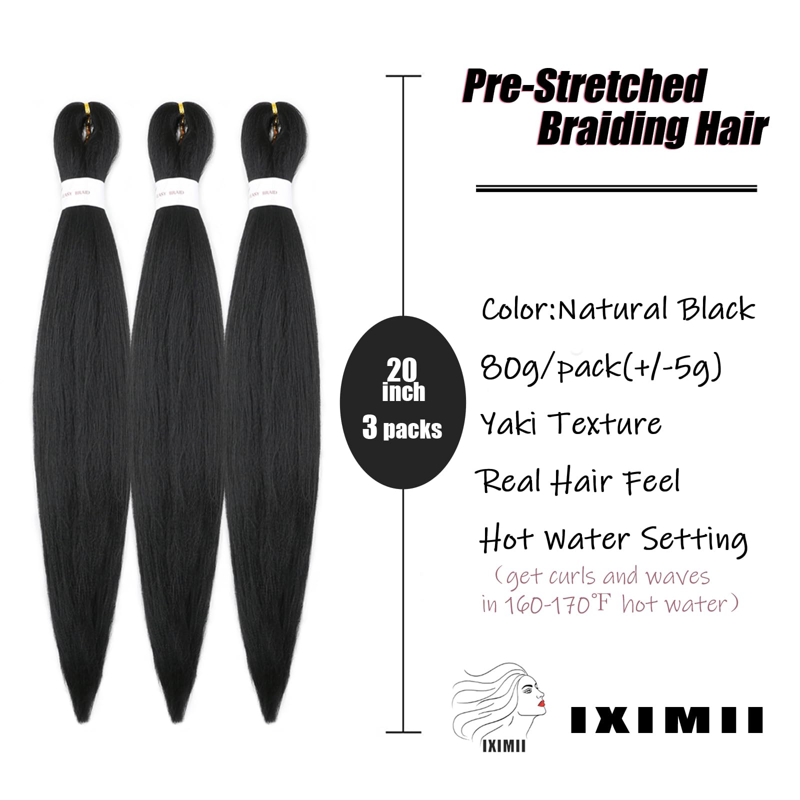 Iximii 3 Packs 1B# Pre Stretched Braiding Hair 20 Inch Natural Black Kanekalon Hair Pre-Stretched Straight Braids Soft Yaki Text