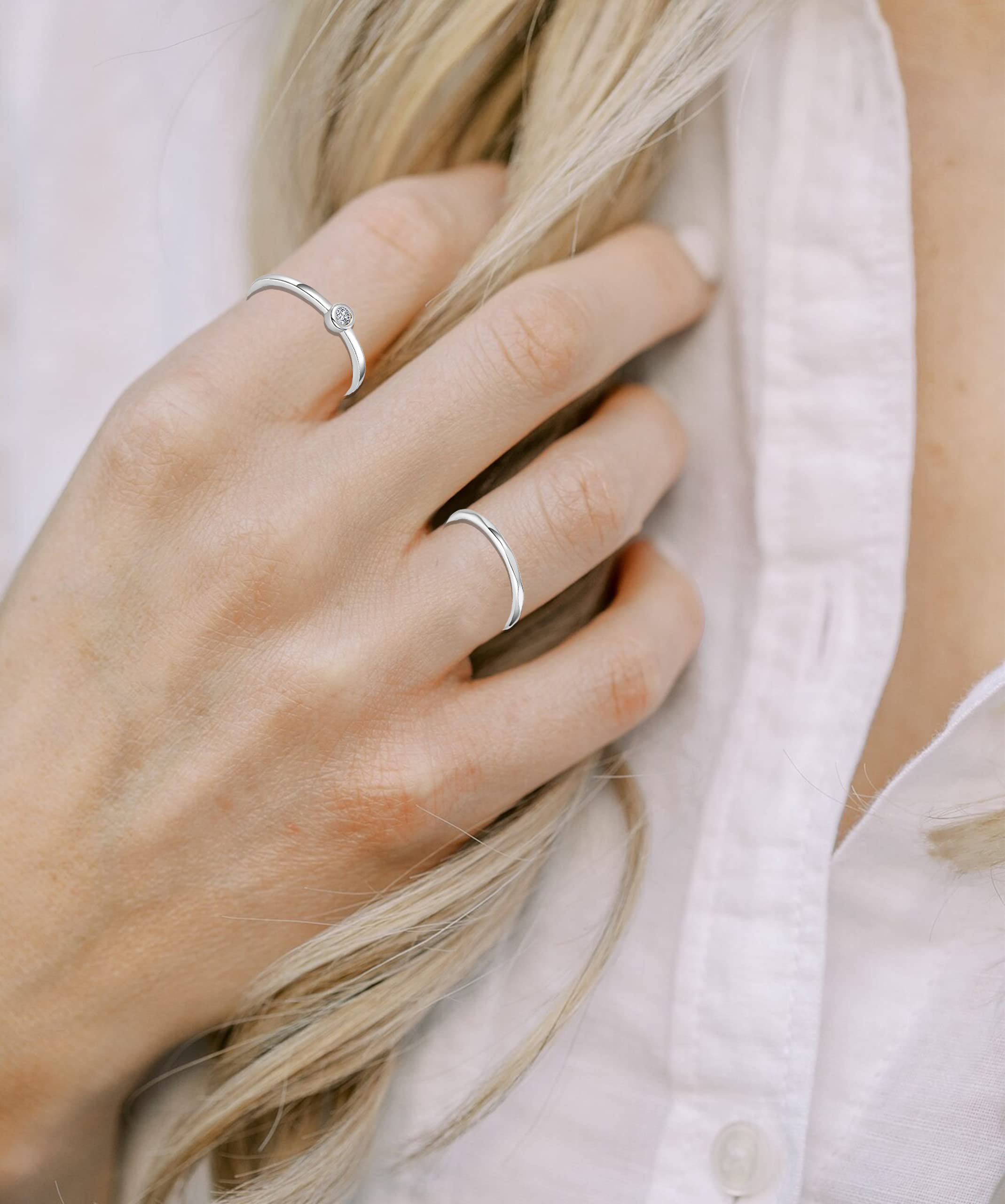 RLMOON 8PCS Silver Stacking Ring Set for Women Teen Danity Thumb Stackable Rings Heart CZ Promise Eternity Rings Plain Band Size