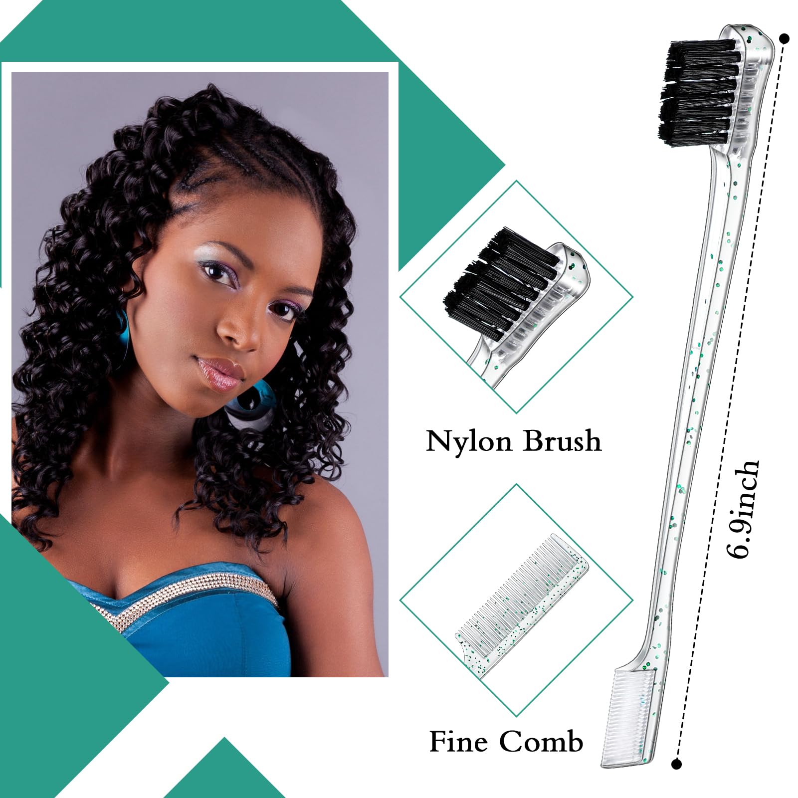 Geiserailie 3 Pcs Slick Back Hair Brush Set Bristle Brush Edge Control Teasing Comb For Women Black Hair(Clear Green)