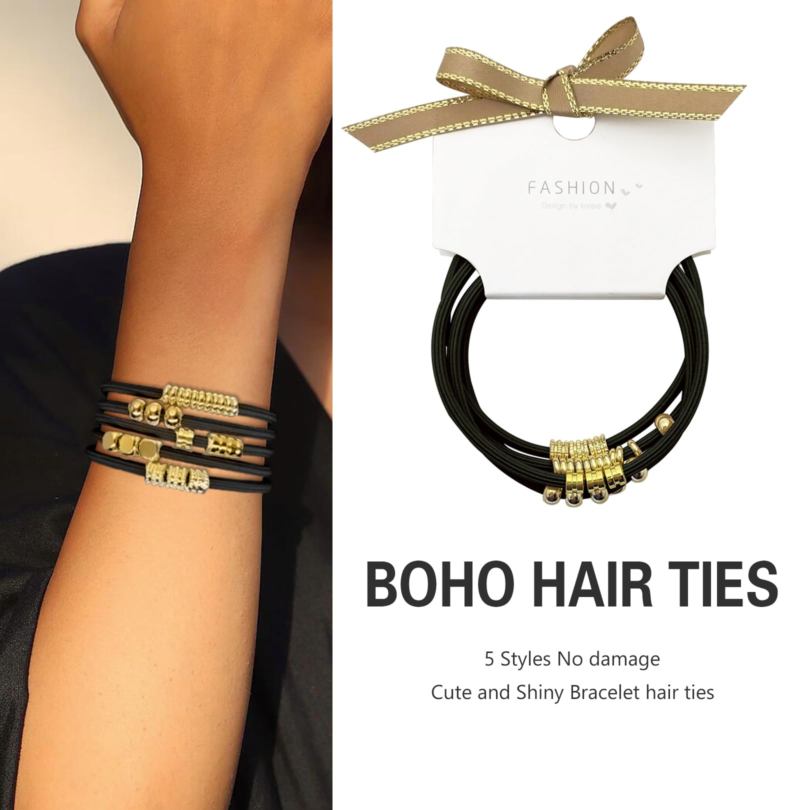 Black Boho Hair Ties Bracelets for Women, Cute Elastic Pony Tails Hair Ties No Damage Beaded Hair Accessories for Girls Decorati