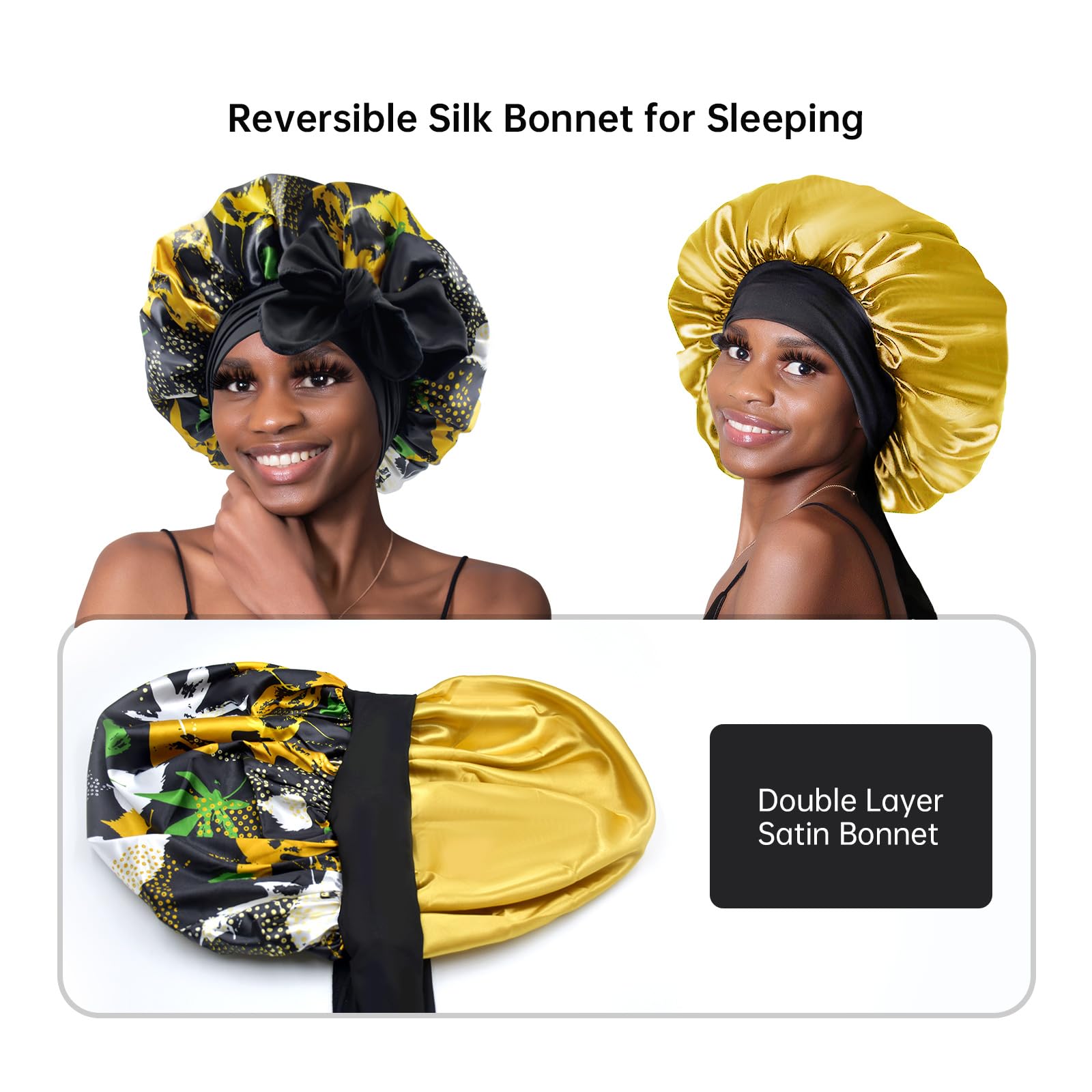 BONNET QUEEN Silk Bonnet for Sleeping Women Reversible Double Layer Satin Bonnet Hair Bonnet Night Sleep Cap for Curly Hair