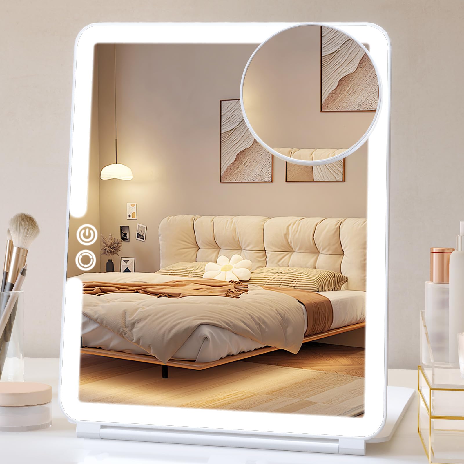 FUNTOUCH 1800mAh Rechargeable Large Travel Makeup Mirror, 10x7.5 Portable Lighted Makeup Mirror with 10X Magnifying Mirror 3 Col