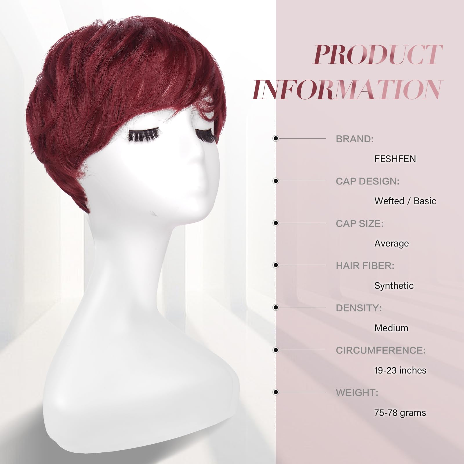 Feshfen Pixie Cut Wigs Synthetic Short Burgundy Pixie Haircut Wig With Bangs Glueless Layered Wig Wavy Wigs For Women