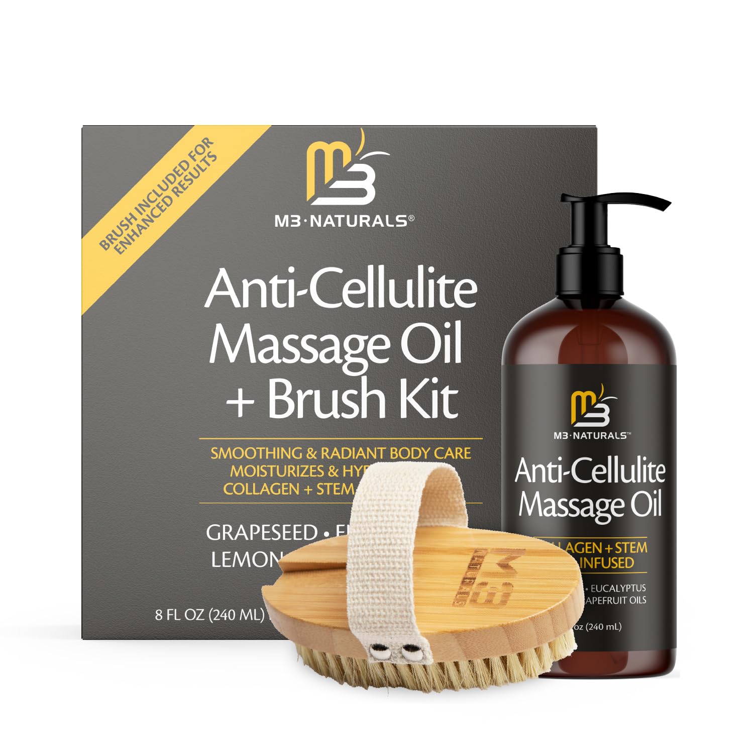M3 Naturals Anti Cellulite Massage Oil & Firm Dry Brush Kit - Collagen & Stem Cell, 4 Fl Oz (Pack of 2) - Radiant Body Care for Women