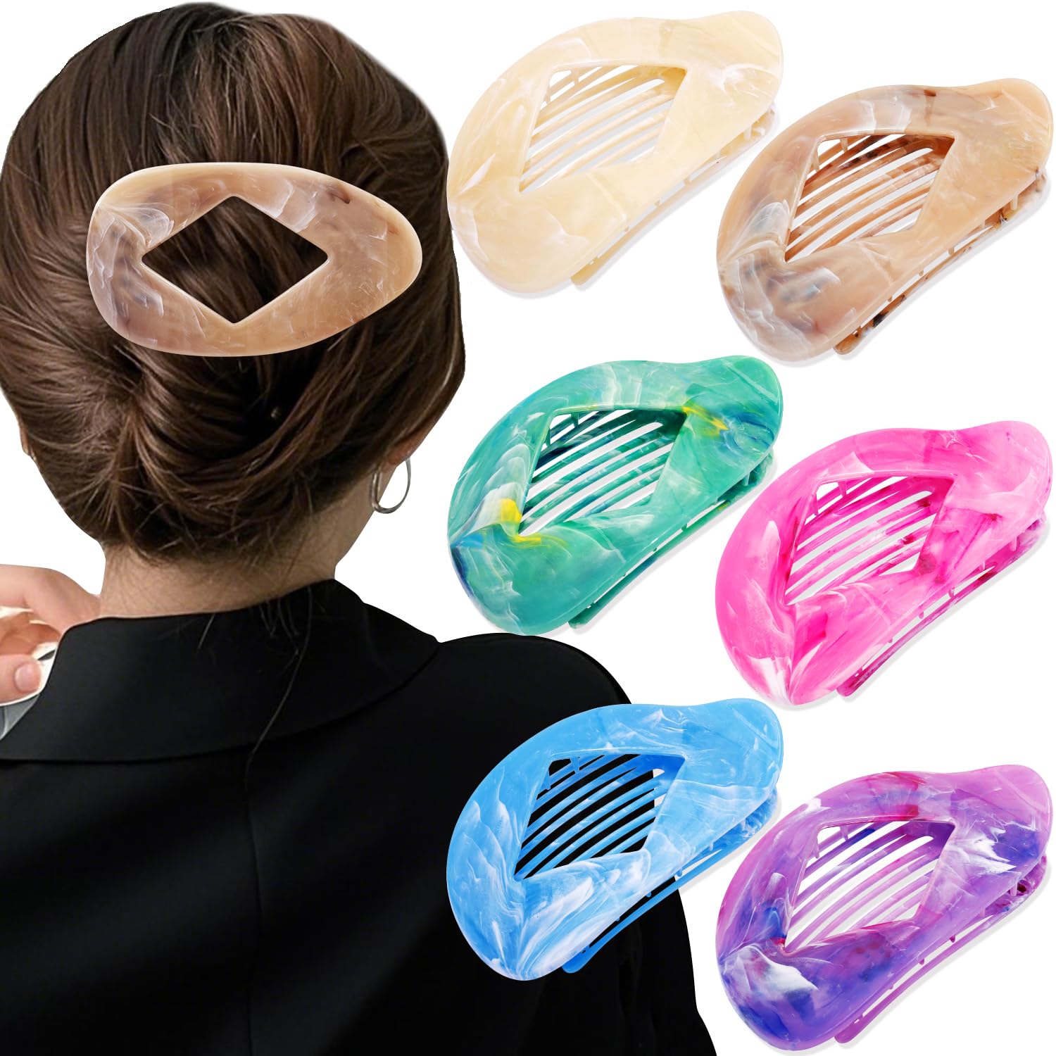 Atoden Marble Flat Round Hair Clips Duckbill Large Claw Clips for Thick Medium Thin Hair 6Pcs Non Slip Oval French Barrettes Acc