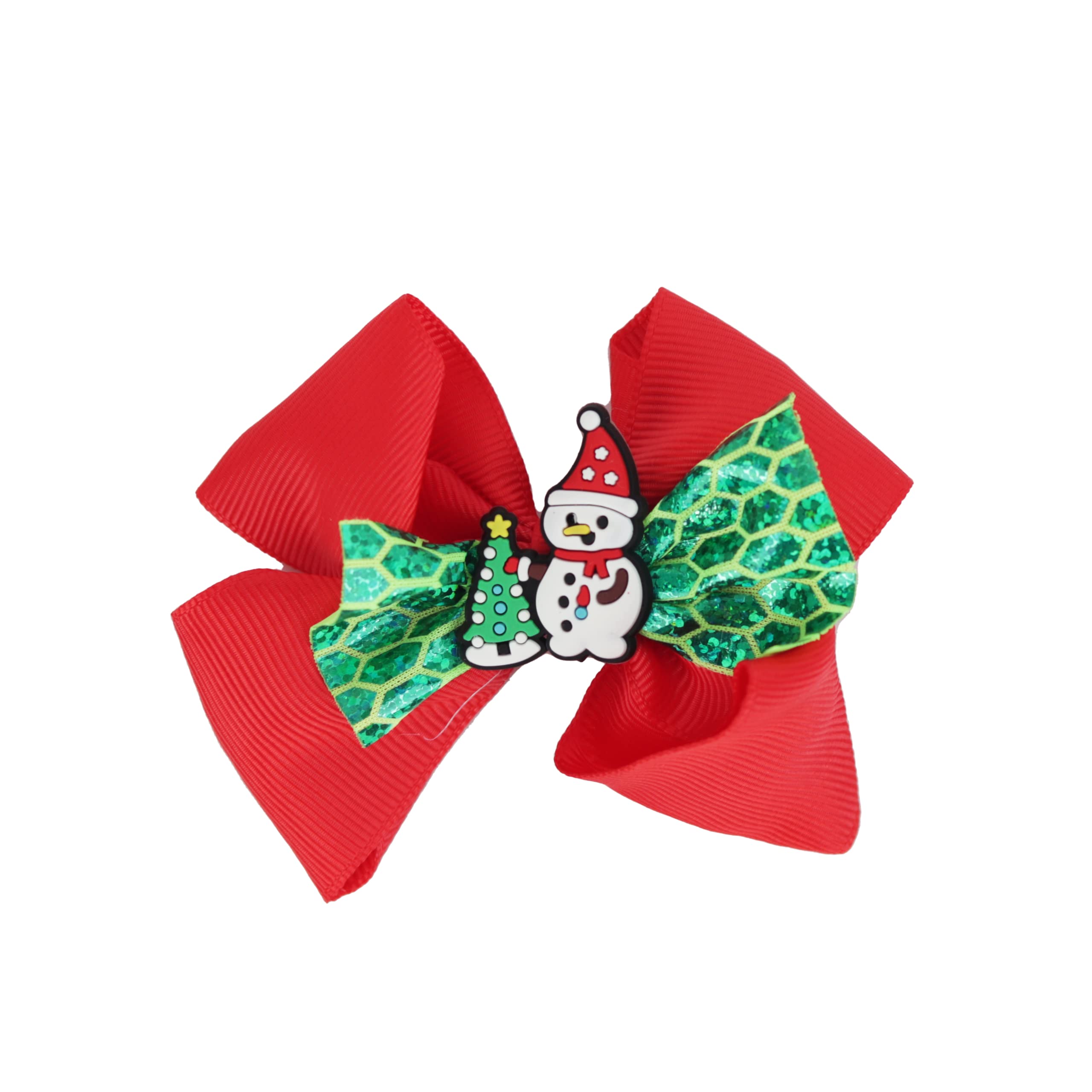 Hair Bow Printed Christmas Bow with Silicone Charm - Green Layer Snowman Tree