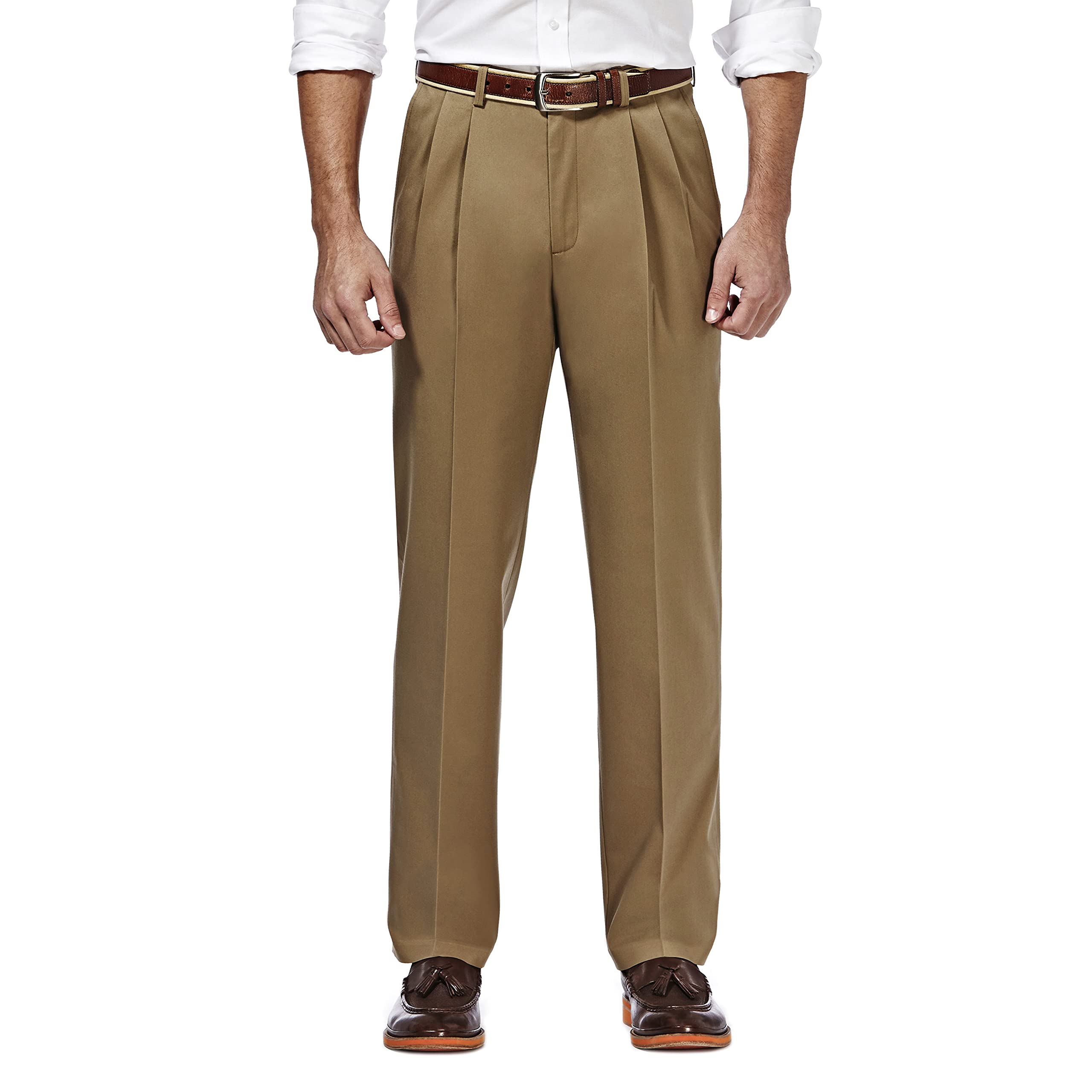 Haggar Mens Premium No Iron classic Fit Front Regular and Big  Tall Sizes, British Khaki Pleat, 44W x 30L