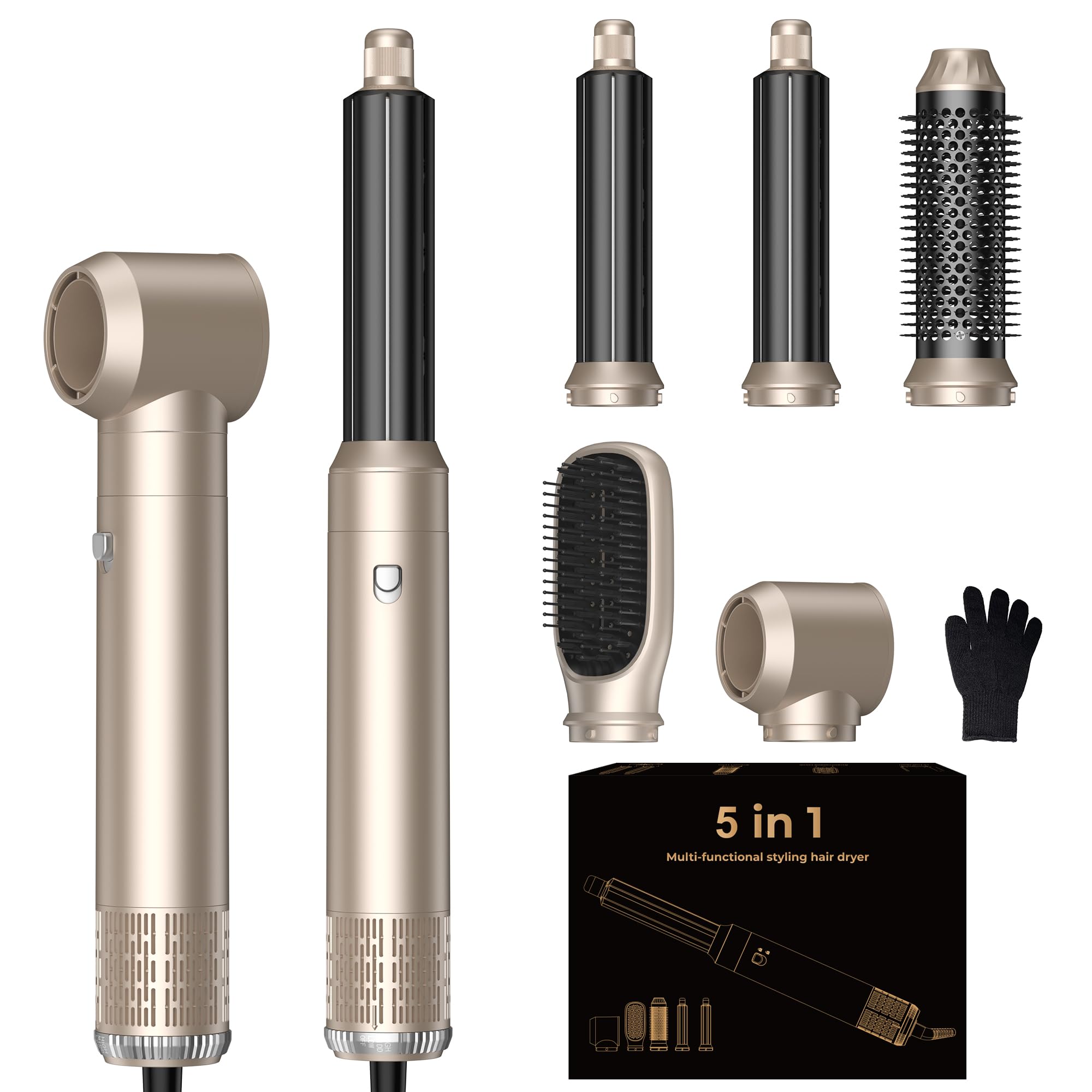 Blow Dryer Brush Set 5 in 1, Hot Air Styler Negative Ionic LowTemp Hair Care Air Curling Wrap, Round Brush Dryer & Curling Iron