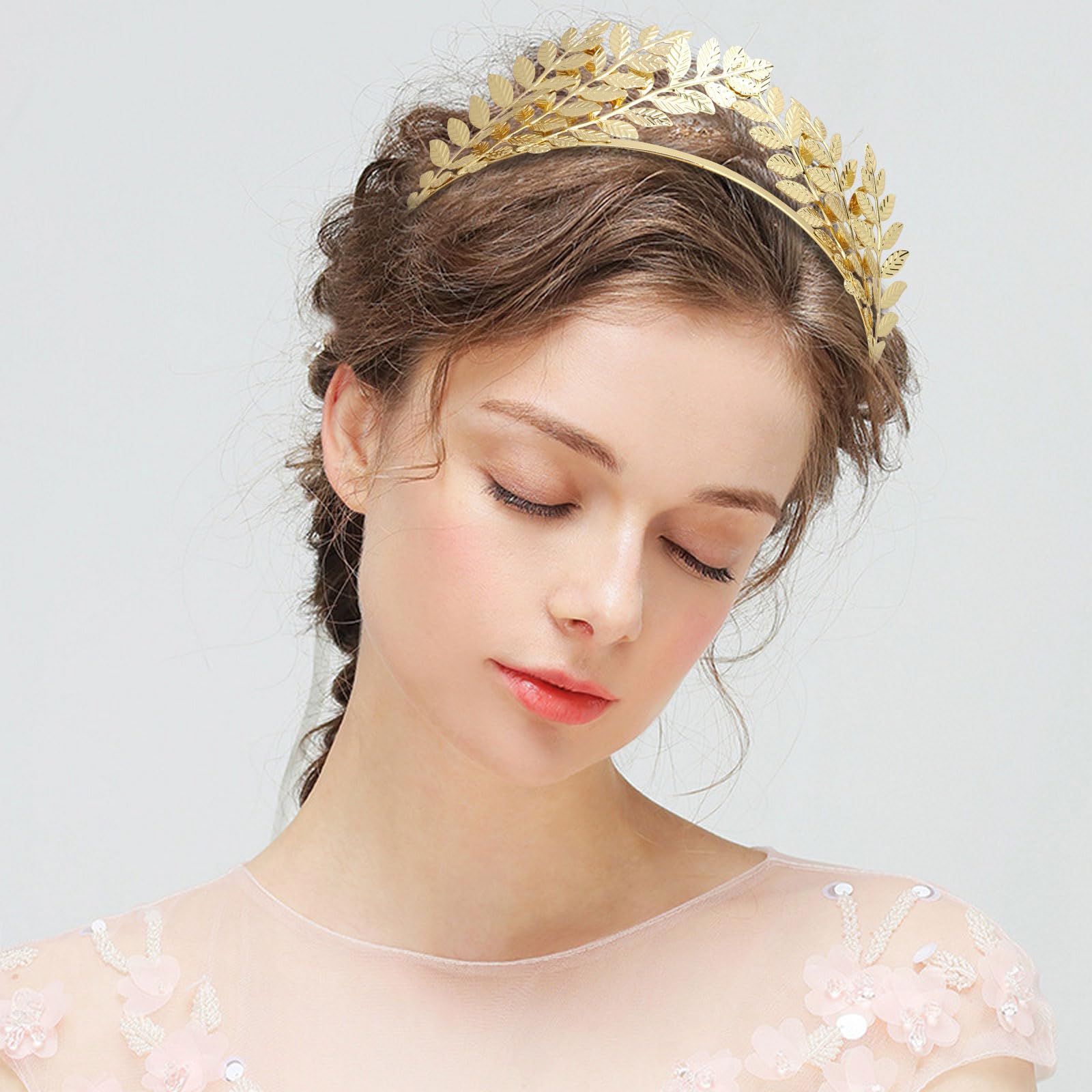 Wecoe 1pc Gold Leaf Headband Headpiece Women Girls Gold Leaf Tiara Crown Flower Girl Bridal Wedding Halo Headband Greek Goddess