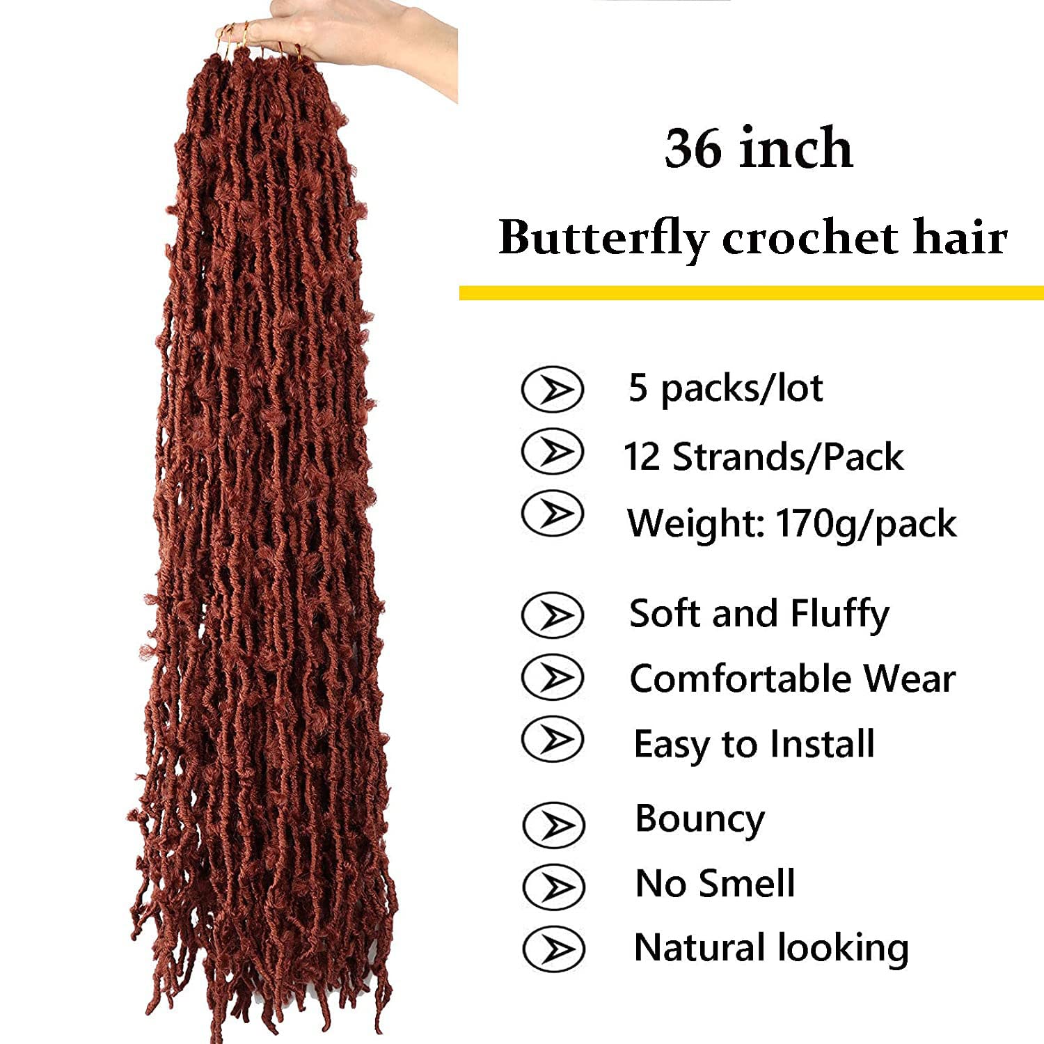 Lmzim 5 Packs 36 Inch Butterfly Crochet Hair For Black Women Faux Locs Pre Looped Pre-Twisted Braids (36 Inch 5 Pack, 350)