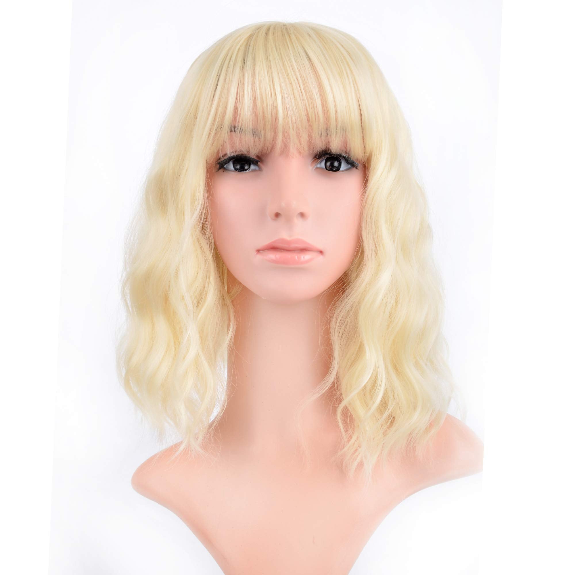 VCKOVCKO Blonde Pastel Wavy Wig With Air Bangs Women Short Wavy Light Blonde Wigs Synthetic Wig for Cosplay Party Bob Style Past