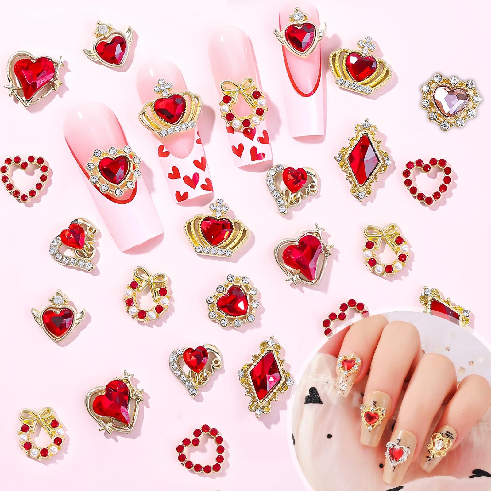 12Pcs Heart Nail Charms Luxury Heart Rhinestones for Nails Valentine's Day 3D Alloy Heart Nail Gems 3D Alloy Heart Love Crystals