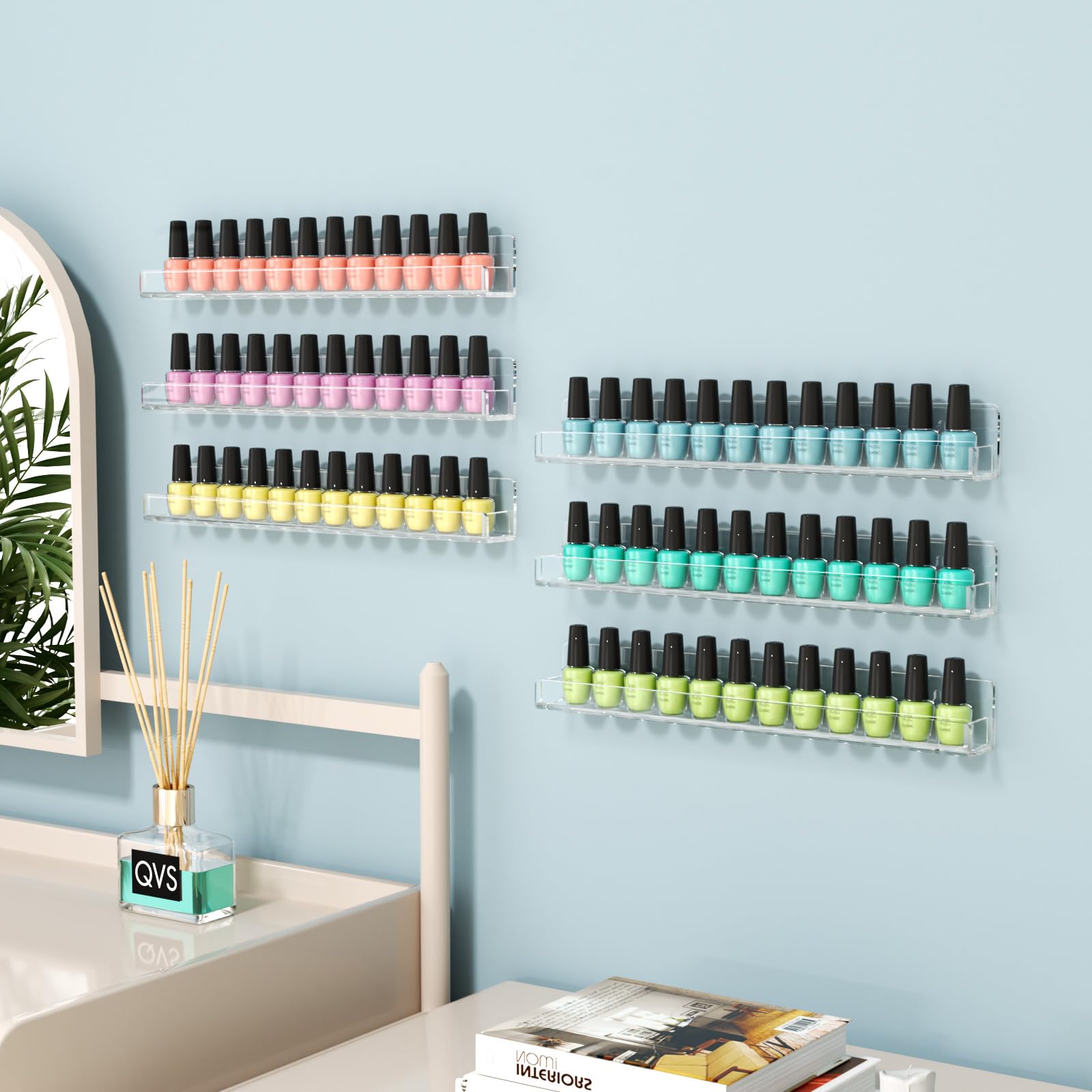 FEMELI Acrylic Clear Nail Polish Wall Rack: 12pcs Organizer Holder Display Shelves - 15 Inch