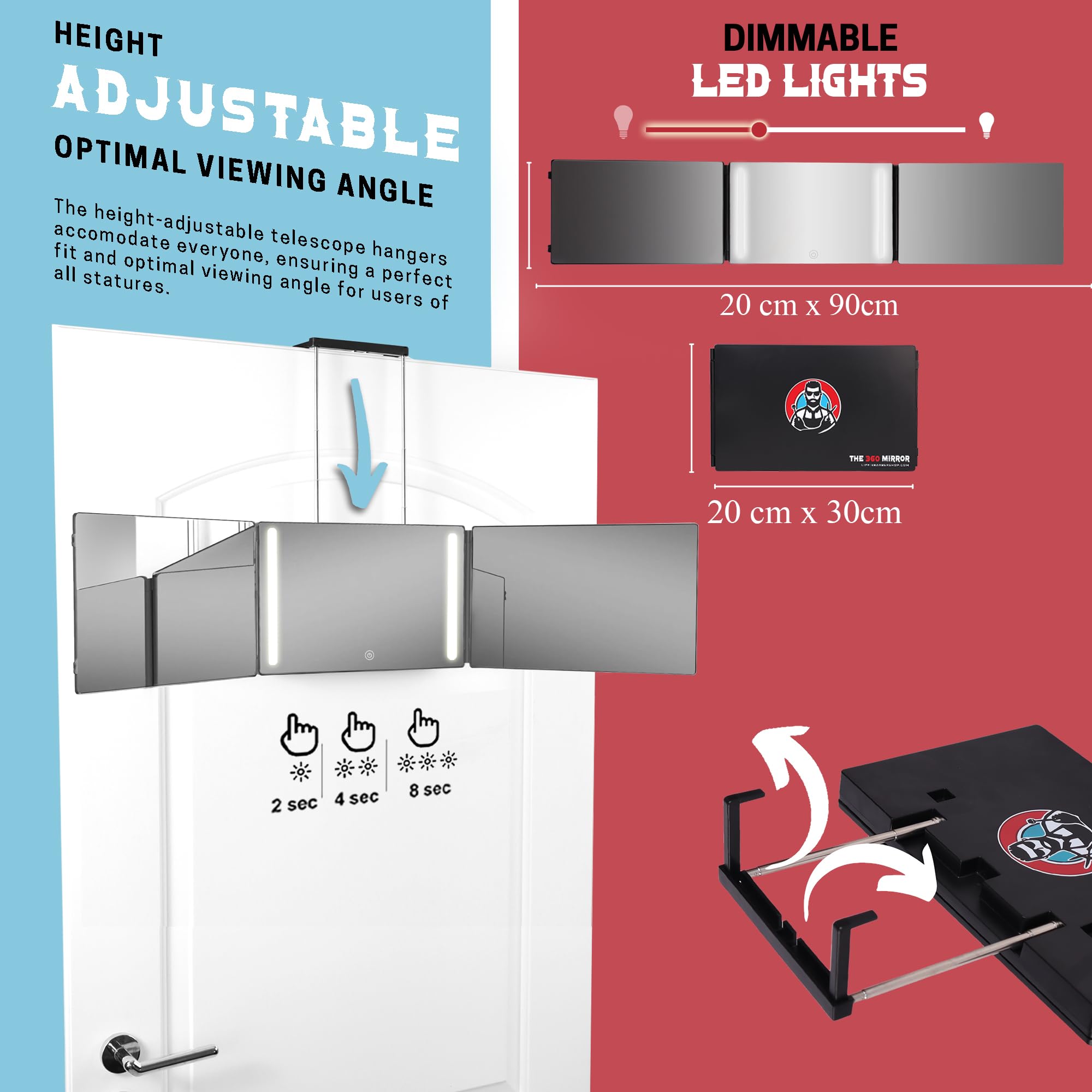 The 360 LED Mirror - Adjustable Telescoping Hooks, Perfect Self Haircut Mirror for Men - 3 Way Mirror for Hair Cutting - Mirror