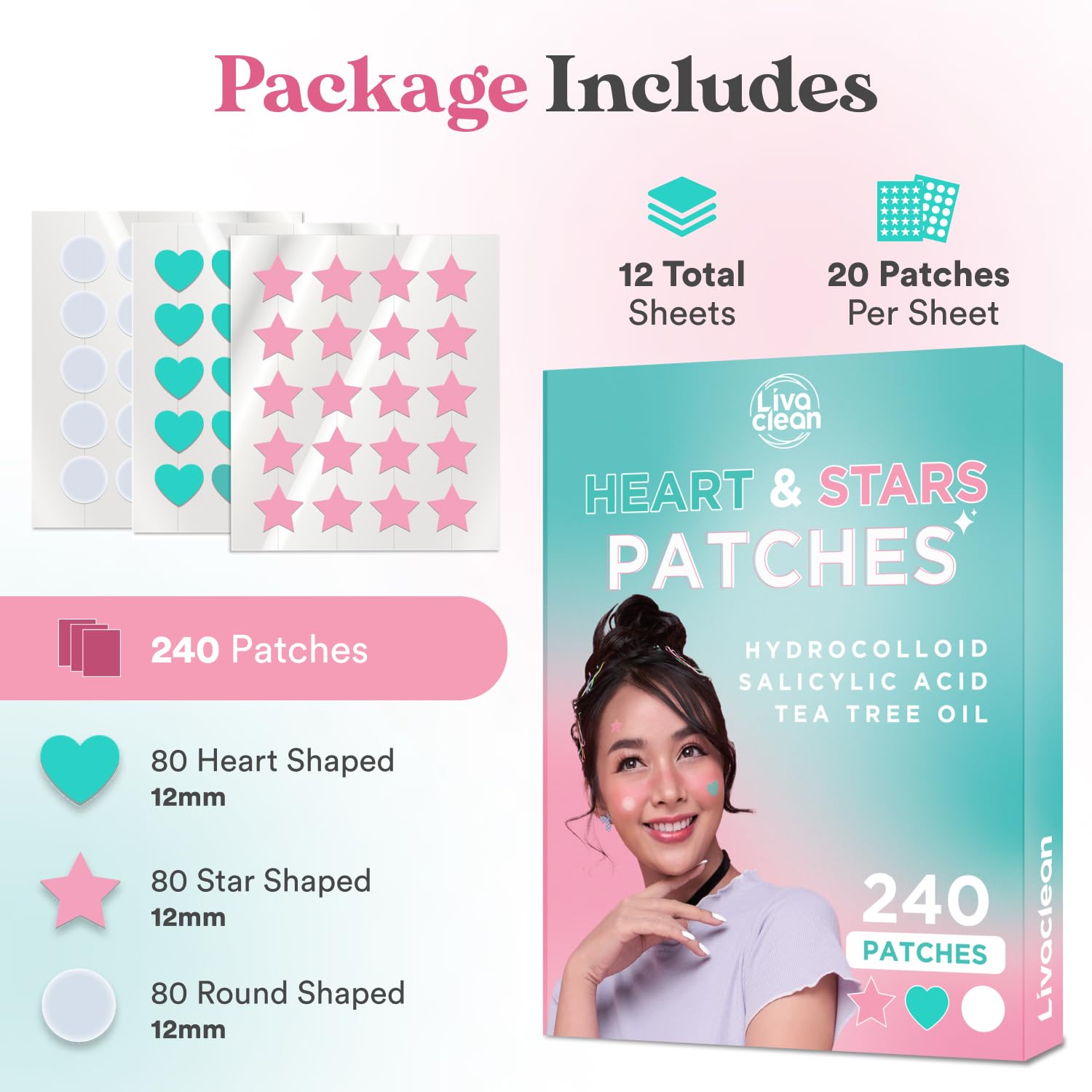 LivaClean 240 CT Heart & Star Pimple Patch w/Salicylic Acid & Tea Tree Oil, Pimples Patches, Pimple Patches Heart, Pimple Patch
