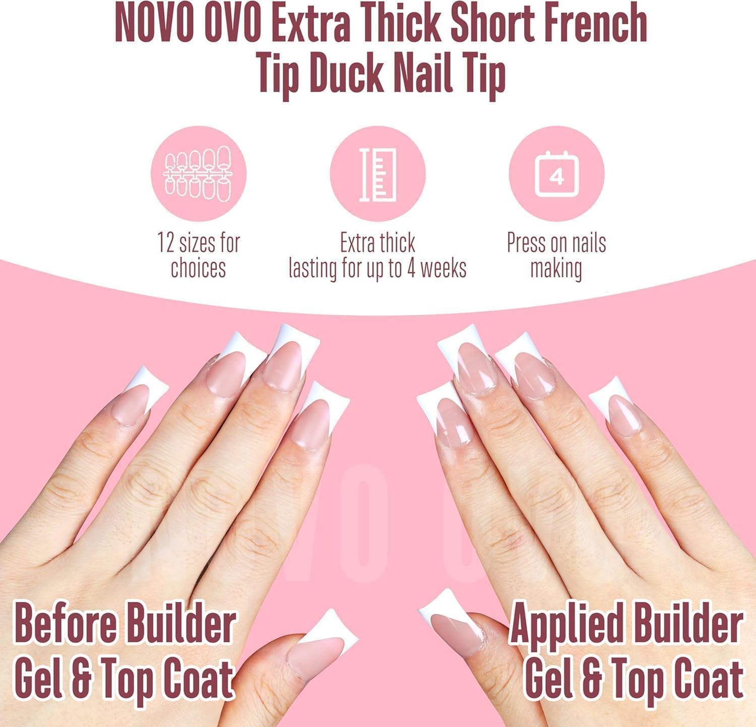 NOVO OVO White French Tip Short Duck Nail Tips Press on, BABY PINK Pre-designed Soft Gel Nail Extension, Extra thick Full Cover