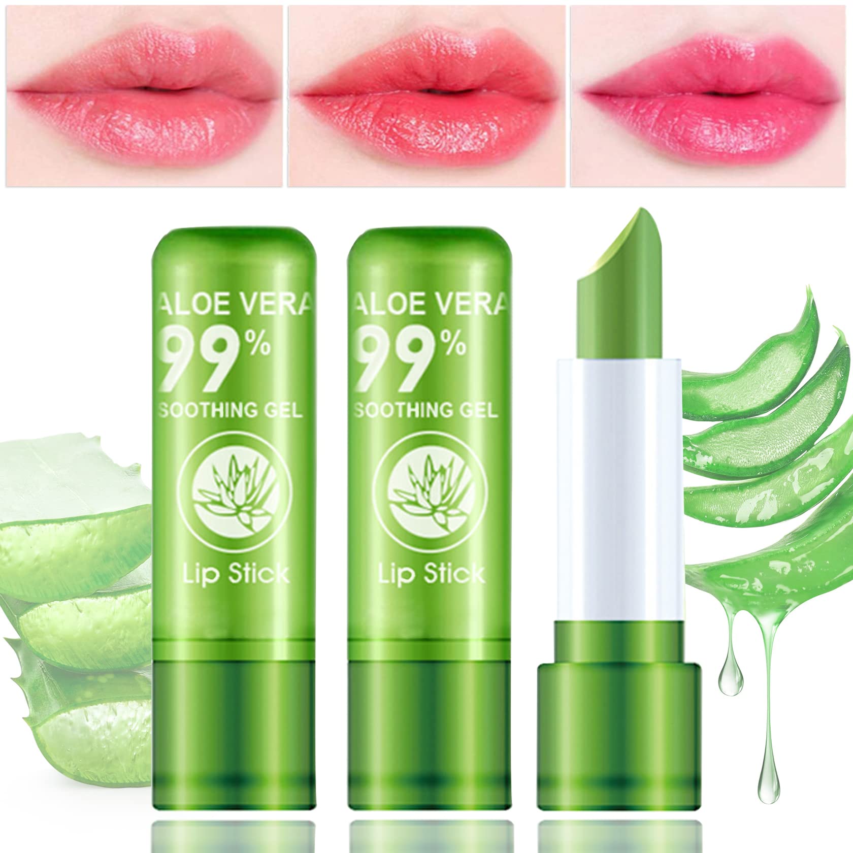 Fusang 3 Pack Aloe Vera Lipstick,Magic Temperature Color Changing Lipstick Lip Gloss,Long Lasting Nutritious Moisturizing Lip Ba