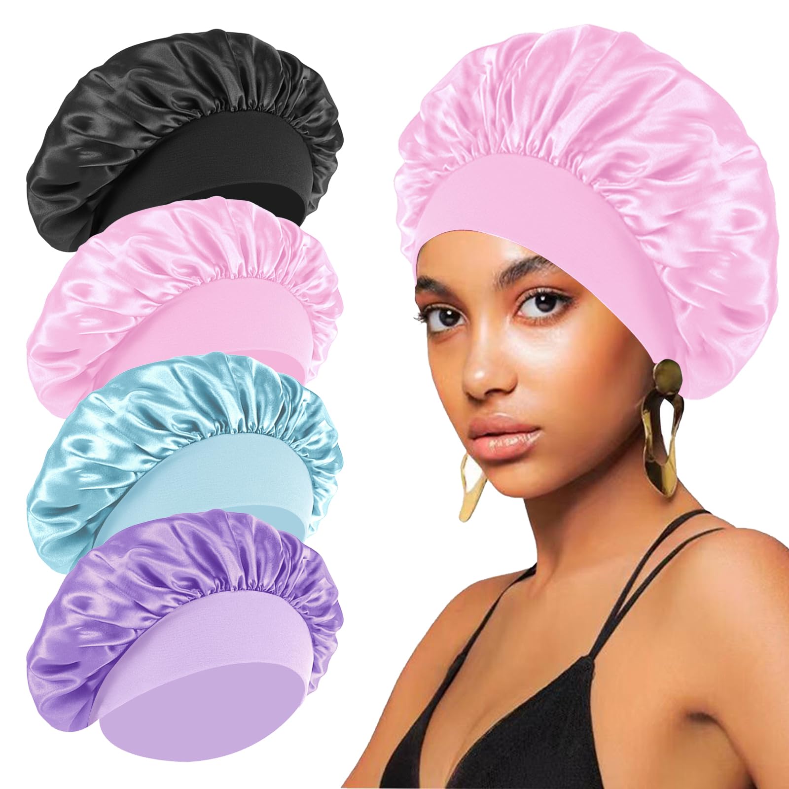 4Pcs Satin Hair Bonnet For Sleeping,Bonnets For Black Women Men,Silk Bonnet For Sleeping,Hair Wrap Cap For Curly Hair,Elastic Wi
