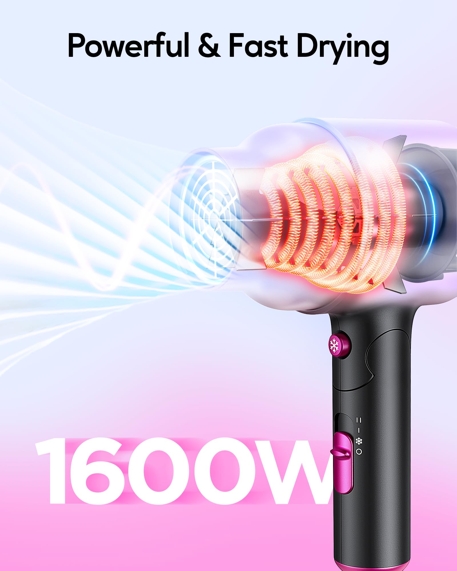 Wavytalk 1600W Hair Dryer with Diffuser, Lightweight Foldable Design, Black