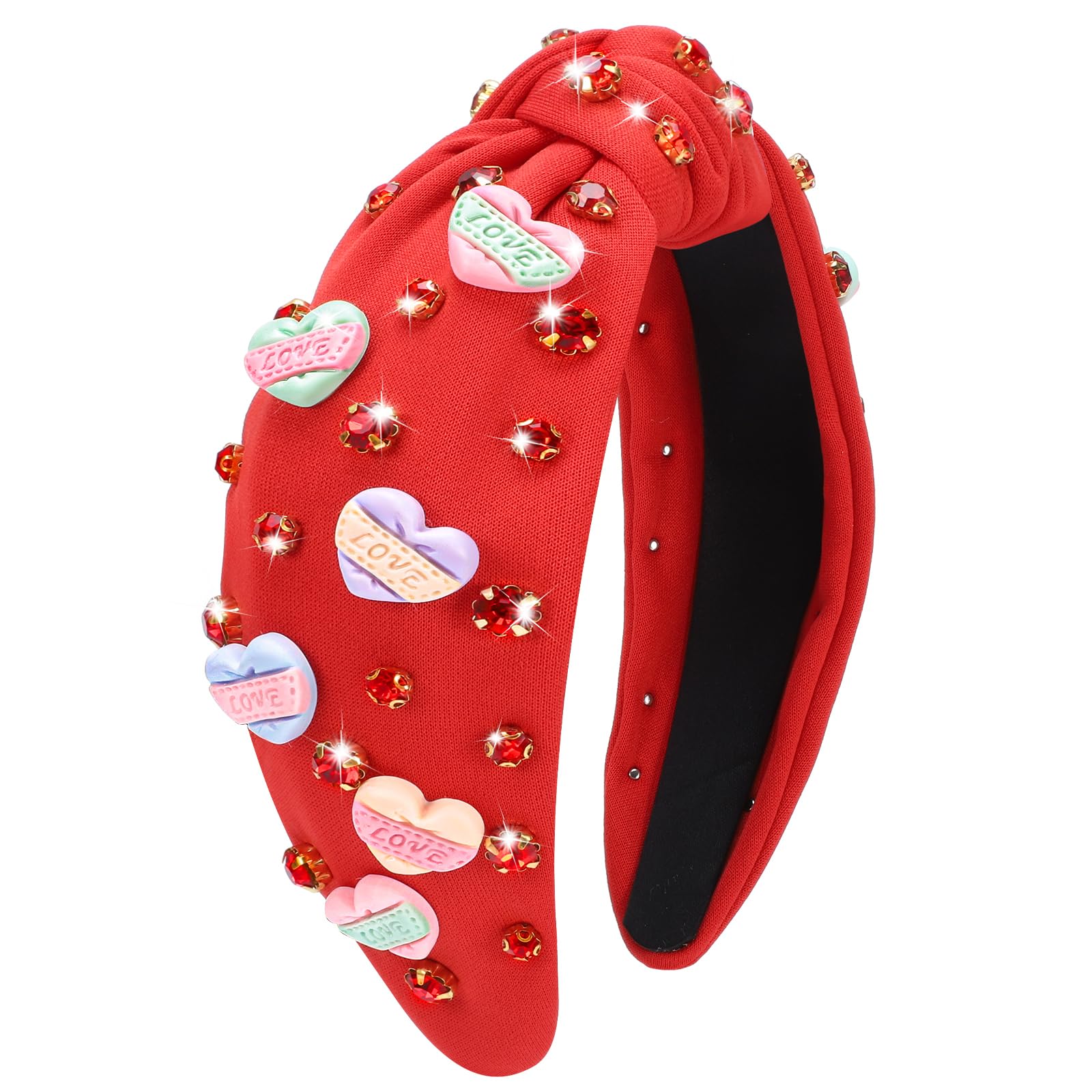 obeoby Valentine's Day Headband for Women, Red Heart Knotted Headband with Crystal Hearts Decorations Valentine's Day Gifts Holi