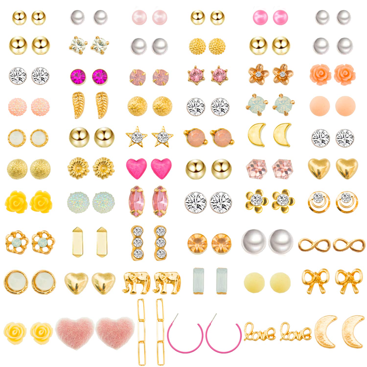 NEWITIN 60 Pairs Multicolor Jewelry Set for Women Fashion Costume Jewels Multicolor Plated Earrings Studs Earrings Colorful CZ J