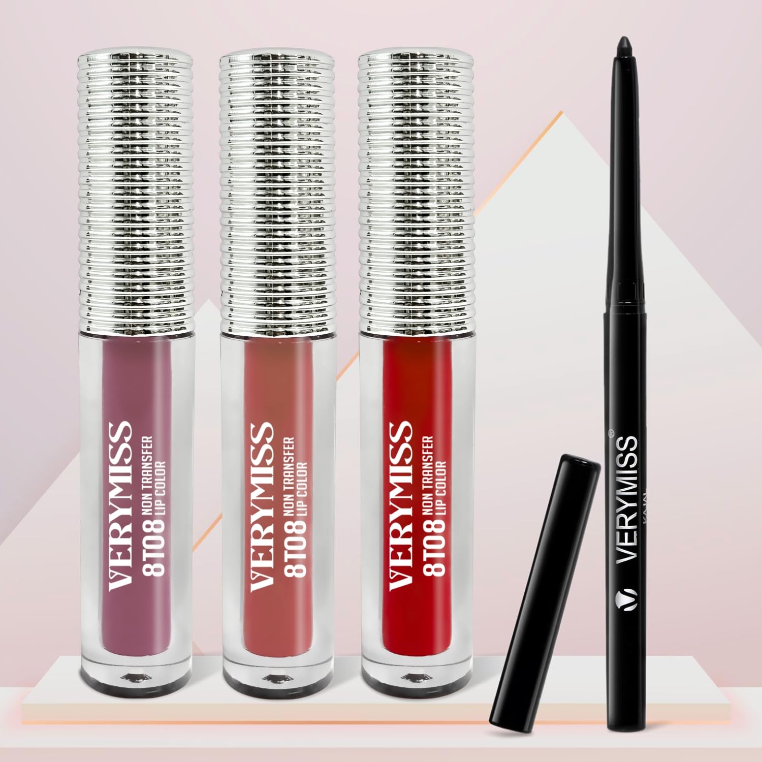 Verymiss 8 To 8 Non Transfer Liquid Lipstick Set Of 3 With Free Waterproof Kajal | Long Lasting Matte Lipstick Combo | Smudge Pr