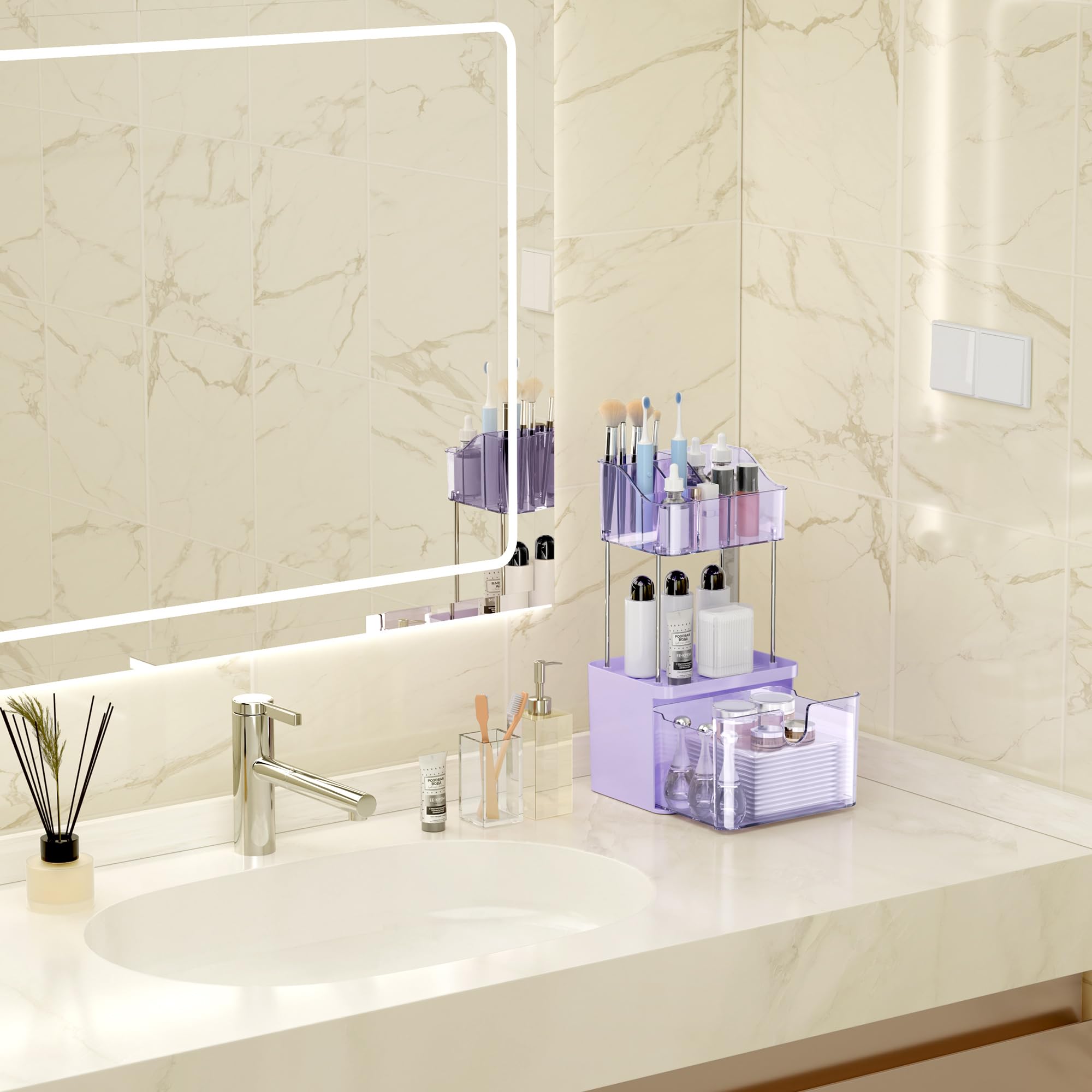 Doadw Makeup Organizer With Drawer - 3 Tier Bathroom Organizer Countertop - Multi-Purpose Skin Care Organizer For Vanity, Small