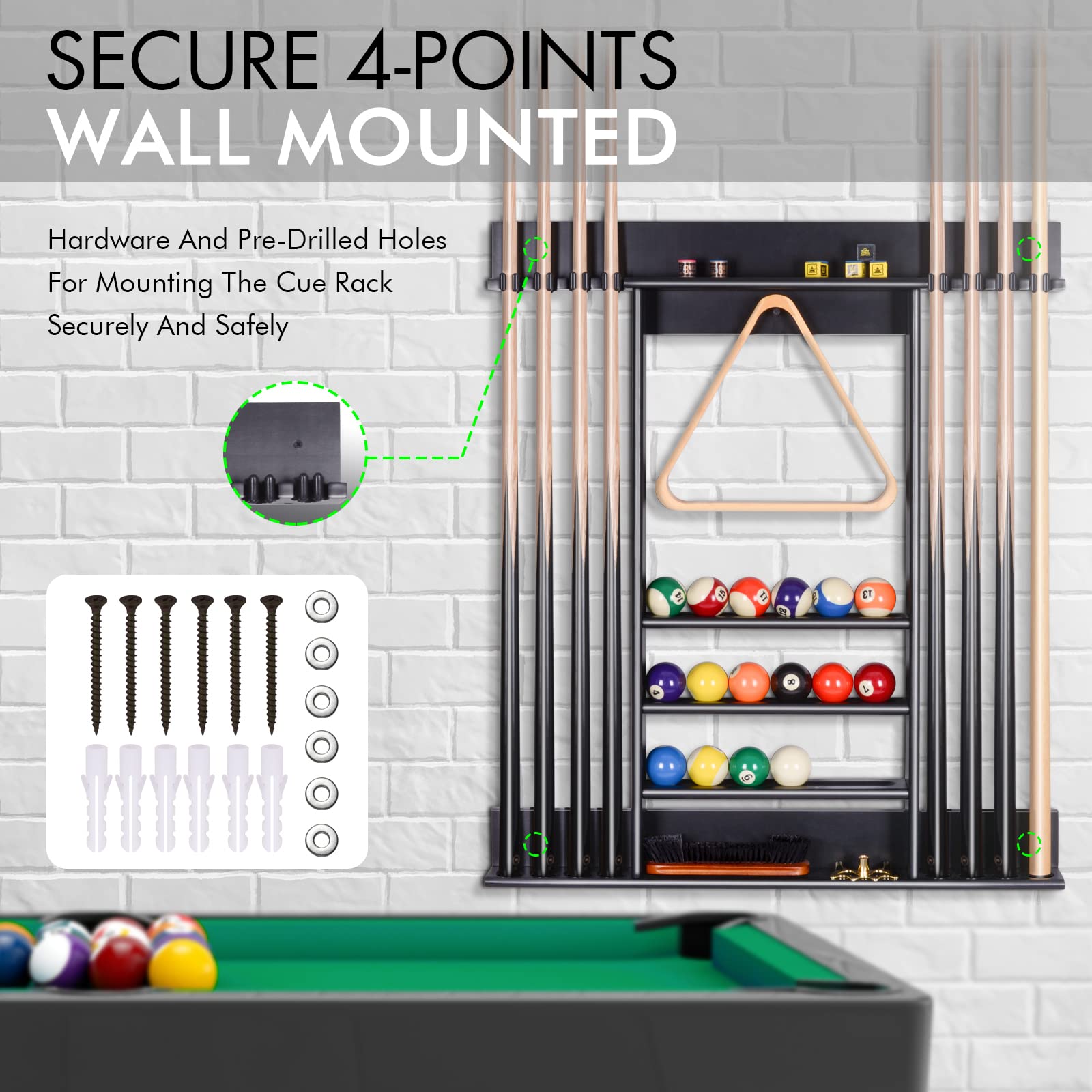 XcSOURcE Pool Stick Holder, Pool cue Rack Wall Mount, 8 Pool cue Holder Wall Billiard cue Rack, Made of 100 Solid Pine Wood, Poo