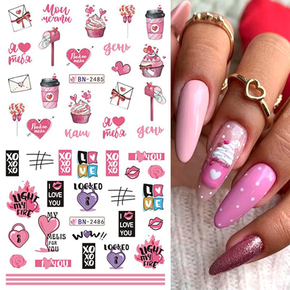 Valentine'S Day Nail Stickers Pink Heart Nail Decals I Love You Letters Water Decal Tattoos Manicure Foils Cartoon Animals Cute