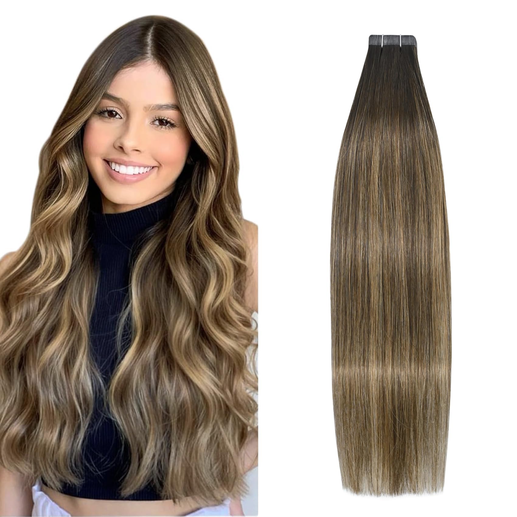 Balayage Tape in Hair Extensions Chocolate Brown To Dark Blonde 100% Remy Human Hair Extensions for Women 20 Pcs/Package(22Inch 
