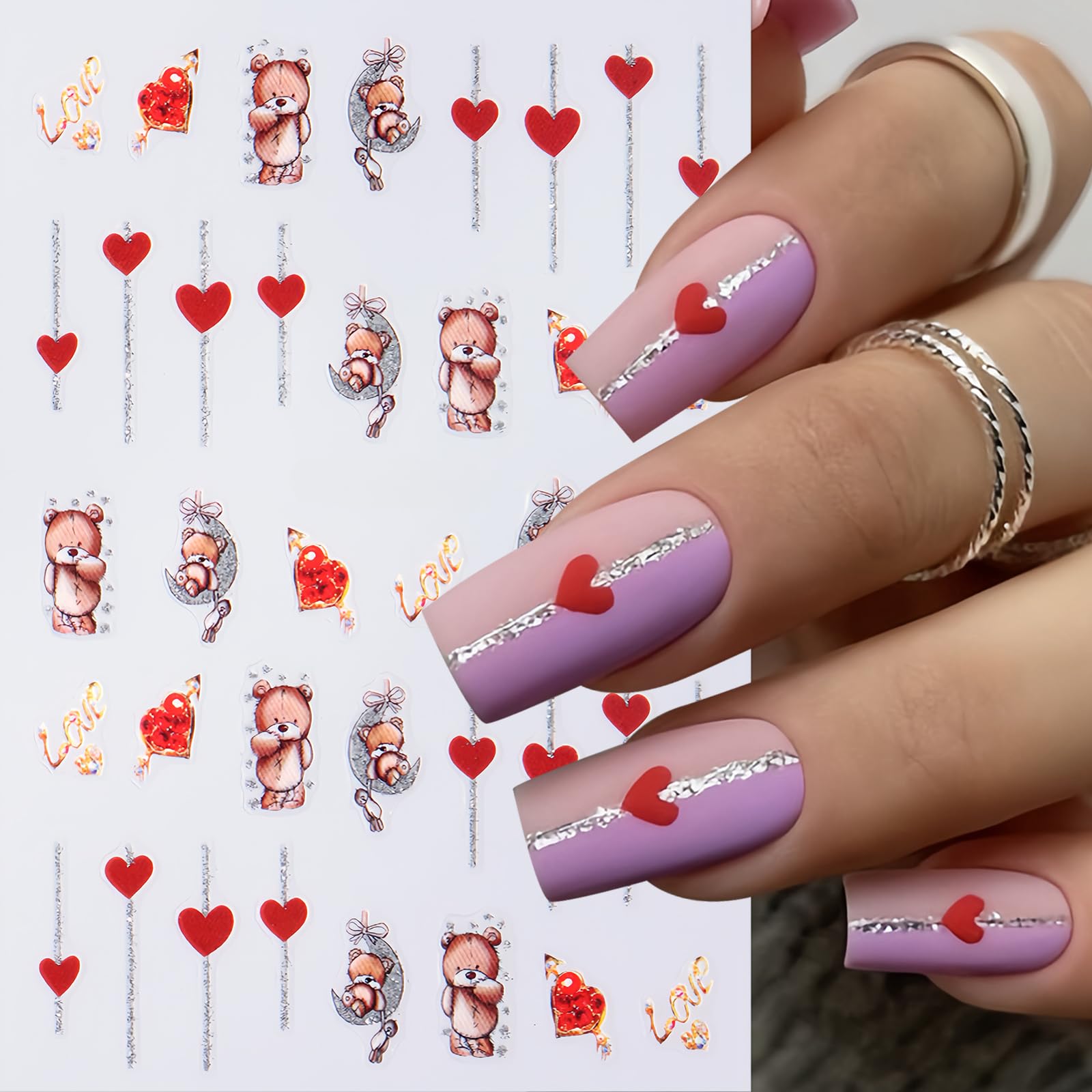 8Sheets Valentines Heart Bear Nail Stickers Gold Line Heart Nail Decals 3D Self-Adhesive Red Glitter Heart Lips Love Heart Nail