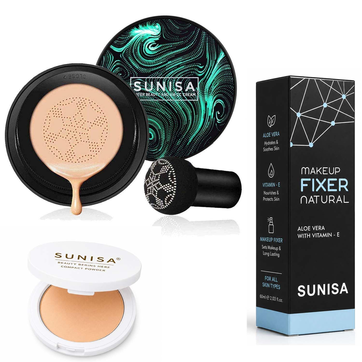 Sunisa Bb And Cc Cream Full Coverage Foundation For All Skin Type With Mushroom Head Air Cushion 20G And 1 The Matte Fixer With 