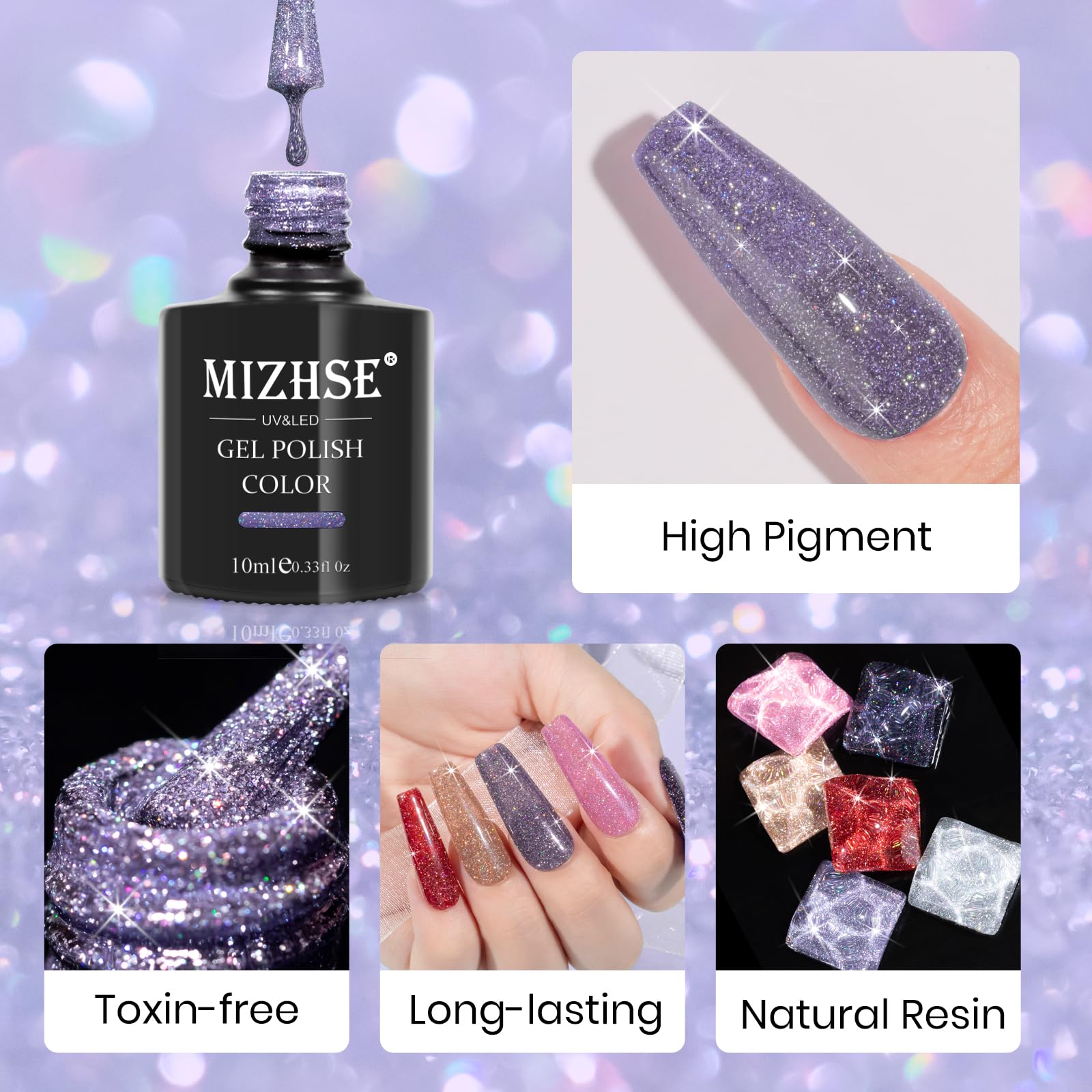 MIZHSE Reflective Glitter Gel Nail Polish, Holographic Glitter Gel Polish Set Sparkly Shiny Bling Nail Gel Soak Off UV/LED Gel N