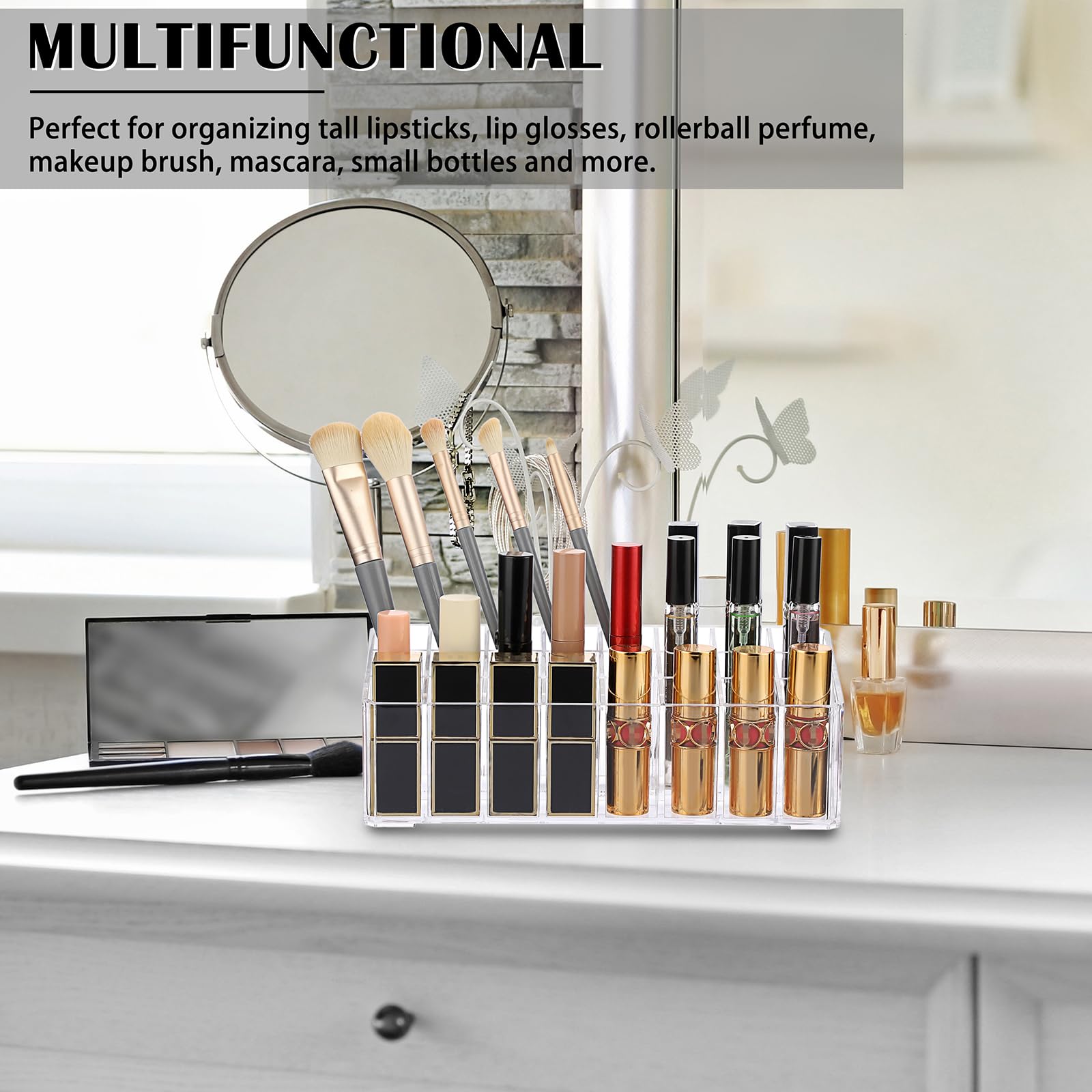 Elldoo Rollerball Perfume Organizer, 24 Spaces Clear Acrylic Perfume Storage Holder Beauty Scent Holder, Makeup Lipgloss Lipstic