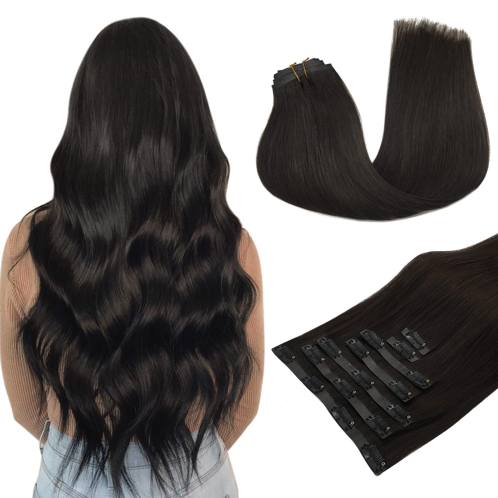 Clip in Hair Extensions Real Human Hair, Dark Brown 110g 7pcs 18 Inch MAXITA Seamless Hair Extensions Clip in Human Hair, Straig