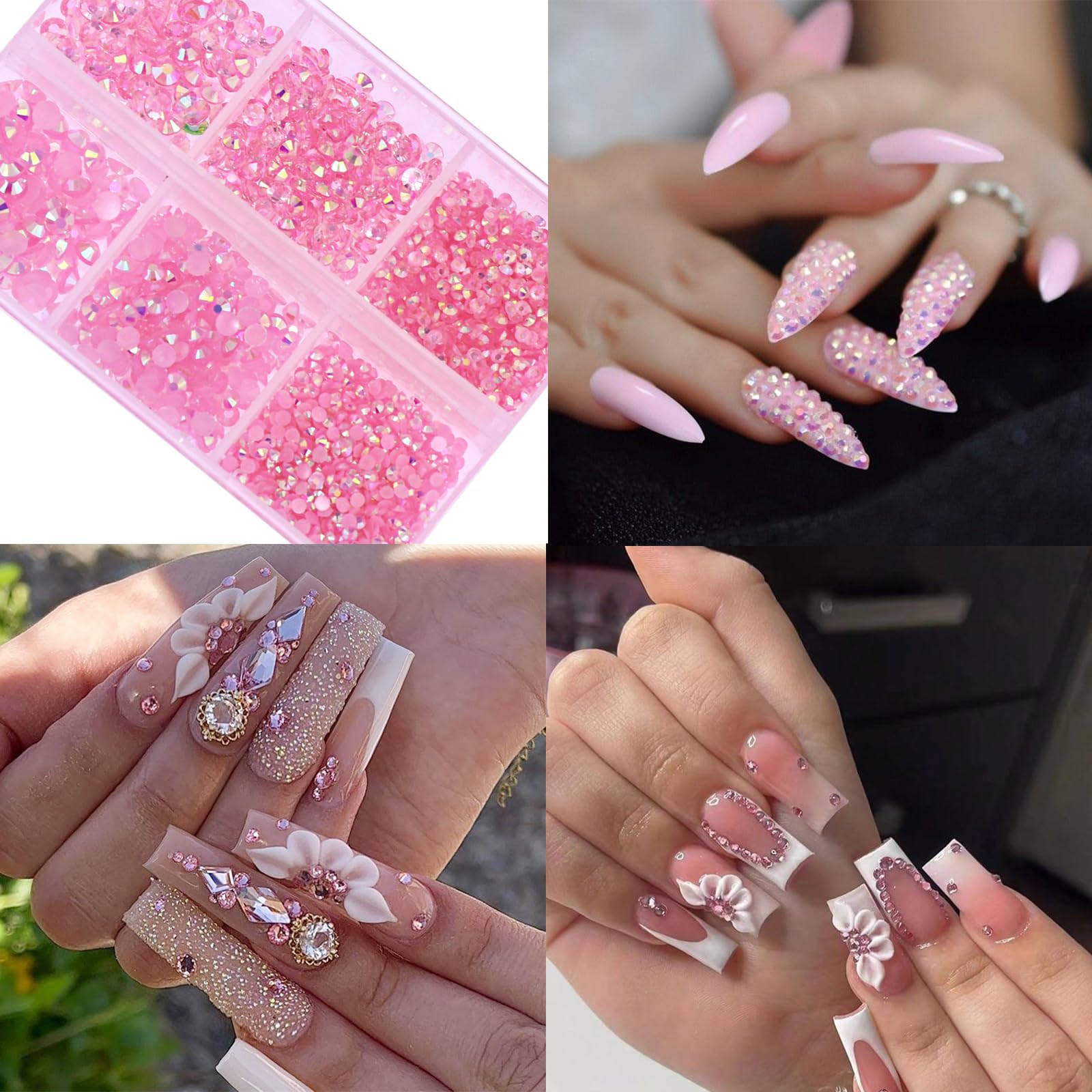 3 Boxes Nail Art Rhinestones Pink Nail Charms 2mm-4mm Resin Clear Jelly Rhinestones Pearls Glitters Nail Art Supplies Crystal Ge