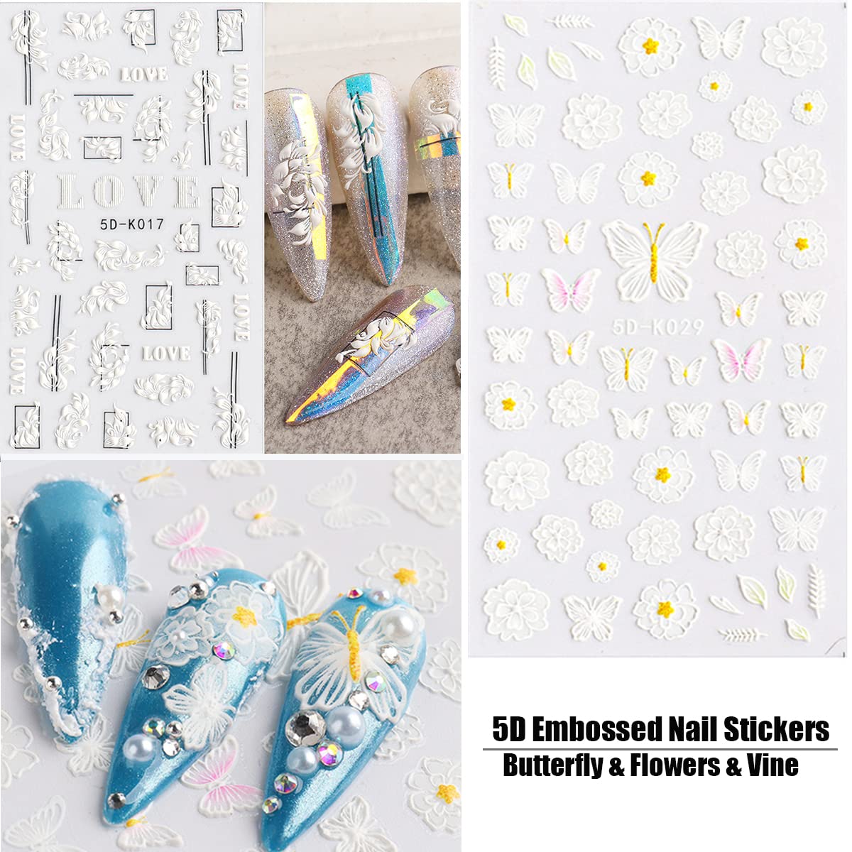5D Embossed Flower Nail Art Stickers, 6 Sheets Self-Adhesive Nail Sticker Decals,Luxury Hollow Exquisite Pattern Spring Daisy Le