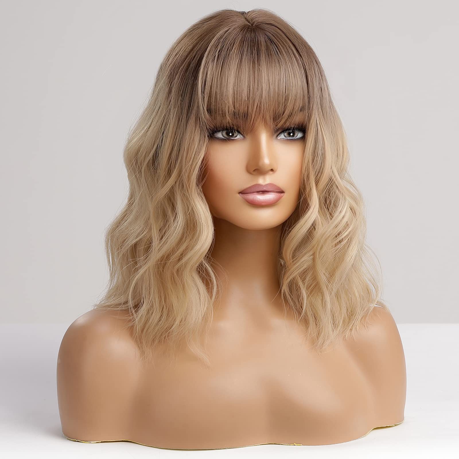 HAIRCUBE Short Blonde with Dark Roots Curly Wigs With Bangs,Wavy Bob Wigs for Women Heat Resistant Synthetic Wigs