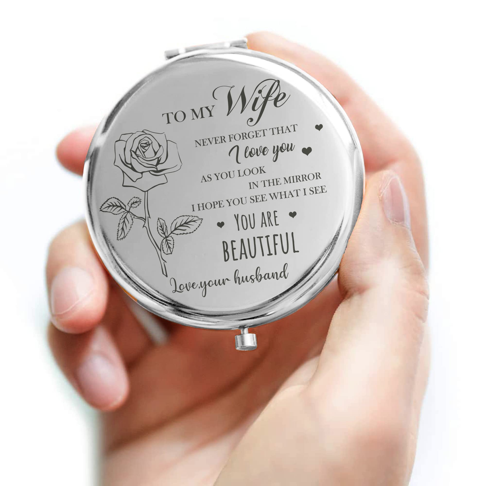 Gaolziuy Gifts For Wife - Beautiful Wife Gift Silver Compact Mirror, Birthday Gifts For Women, Wedding Anniversary, Valentines D