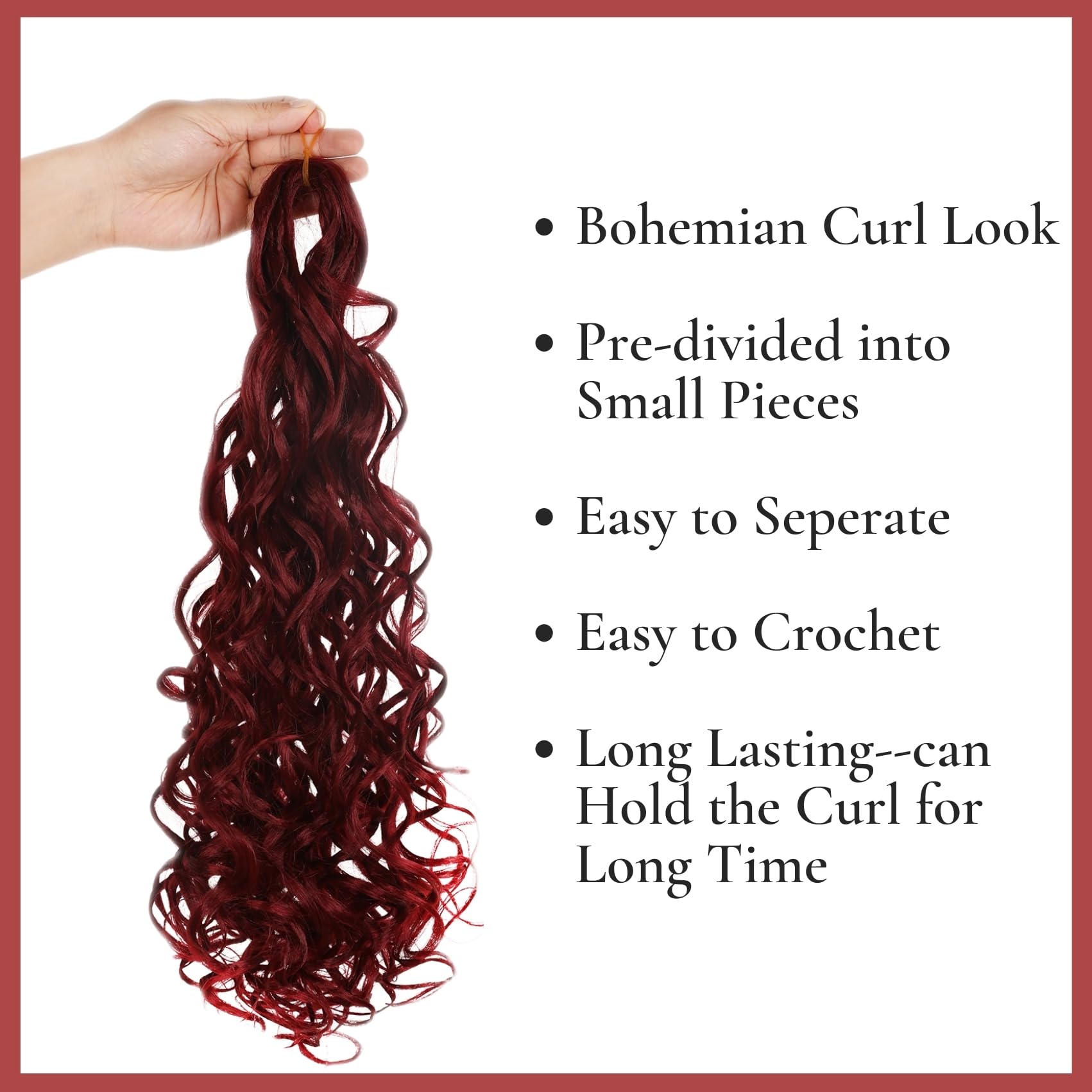 Burgundy Braiding Hair Pre Stretched Knotless Braiding Hair for Boho Braids Ocean Wave Boho Hair Extensions for Braiding (6 Pack