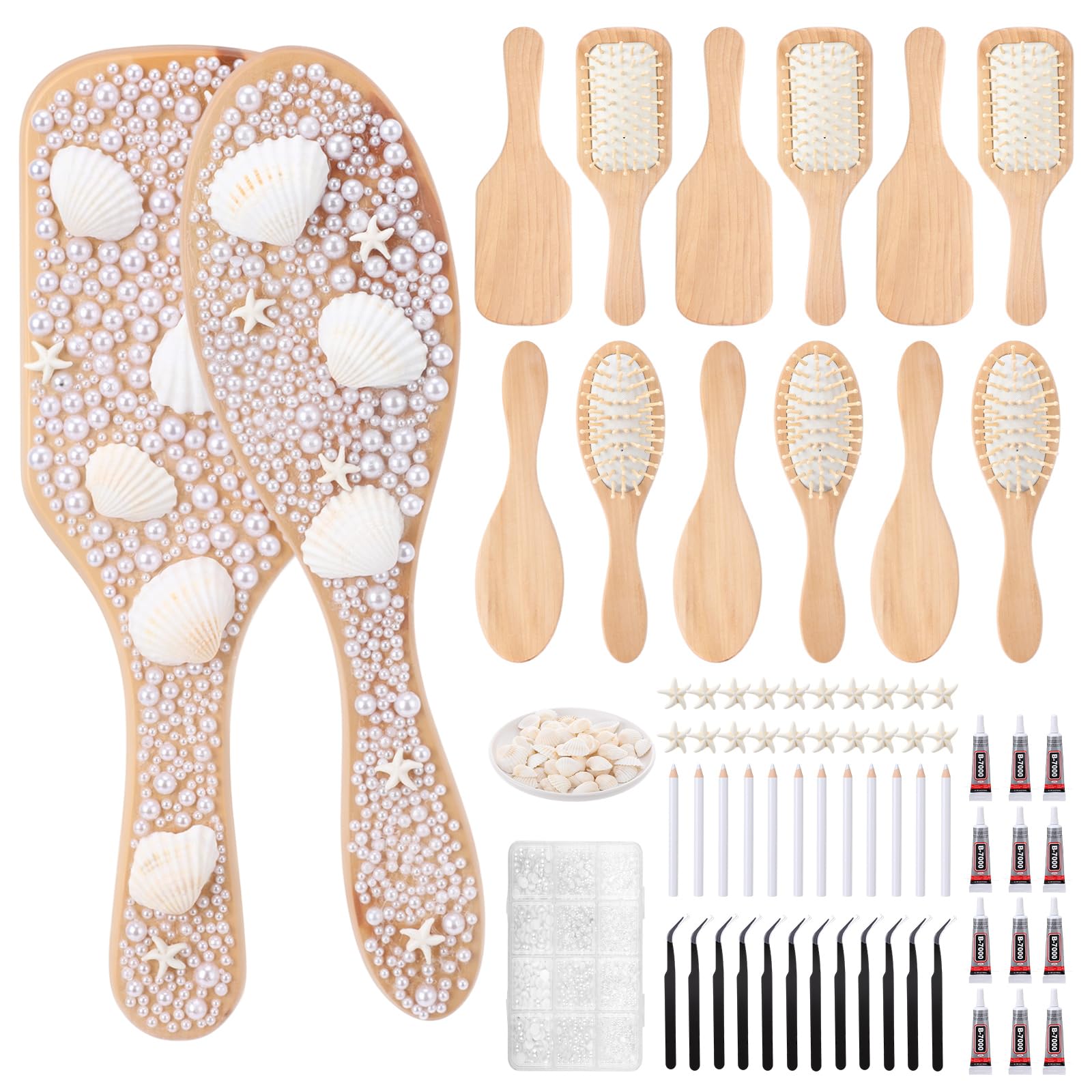 Meanplan 12 Pack DIY Wooden Hairbrush Craft Kit  Bamboo Hair Brush Make Your Own Set with Pearl, Shell, Starfish & Lace for Gir