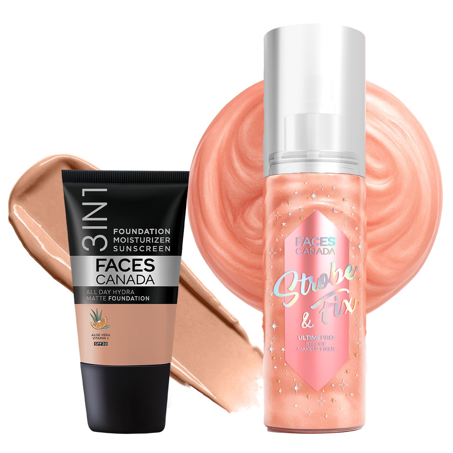 Faces Canada Cover & Fix Kit 4  Ultime Pro Strobe Makeup Fixer (50Ml) + Hydra Matte Foundation Mini  Caramel Natural (18Ml) | 