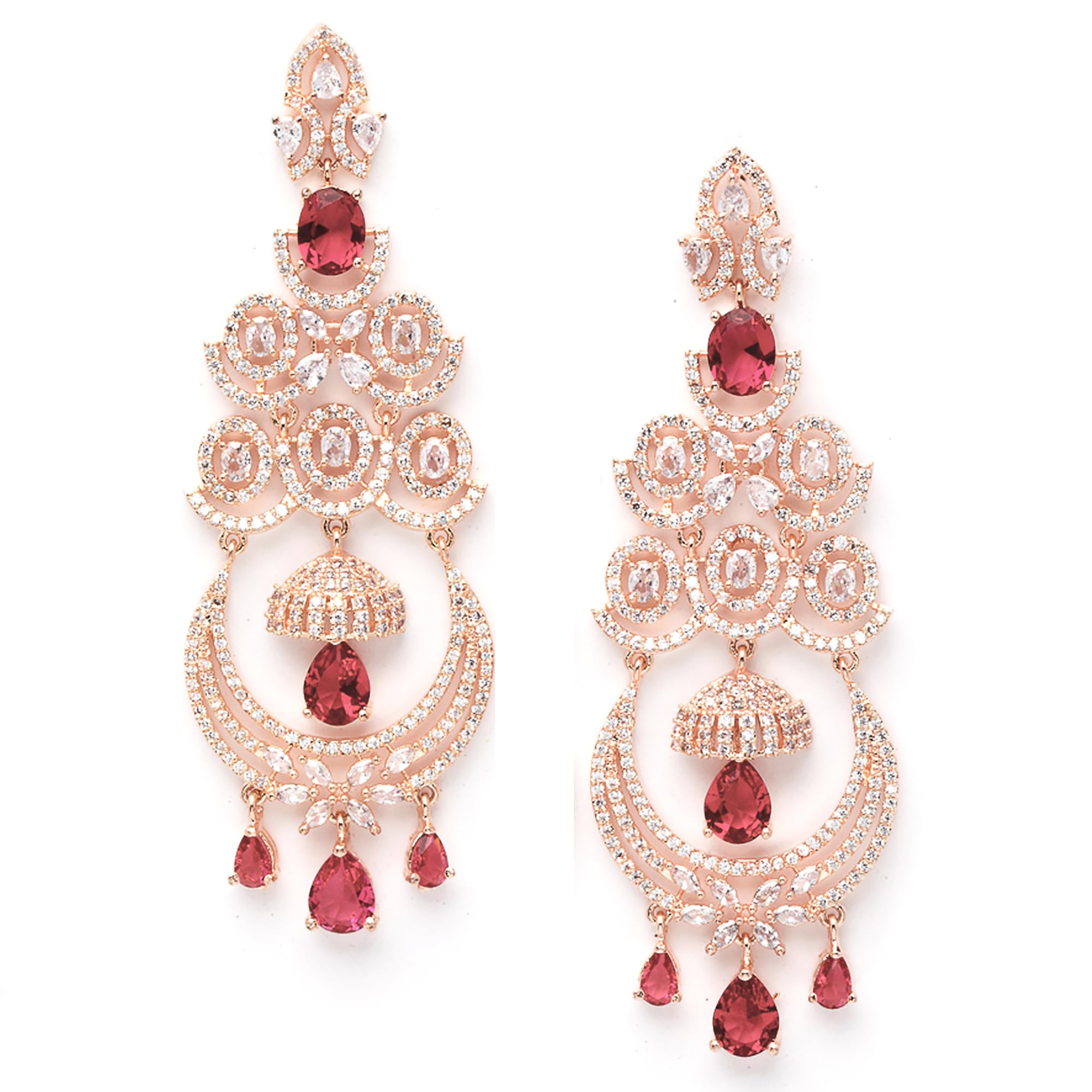 Zeneme Floral Shaped American Diamond Dangle Chandelier Earring For Women And Girls (Red RoseGold)