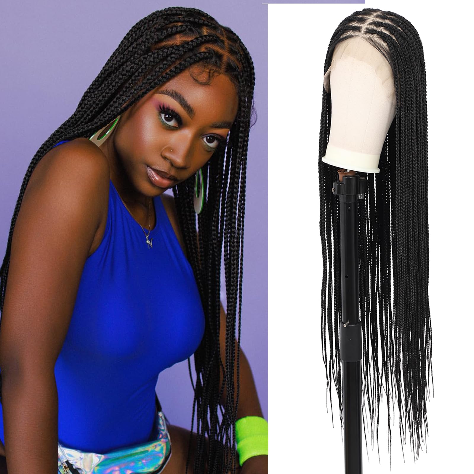 Kalyss Knotless Braided Wig for Women Box Braided Lace Front Wigs with Baby Hair 13X8 Inch Black Braided Wig Human Hair Blended 