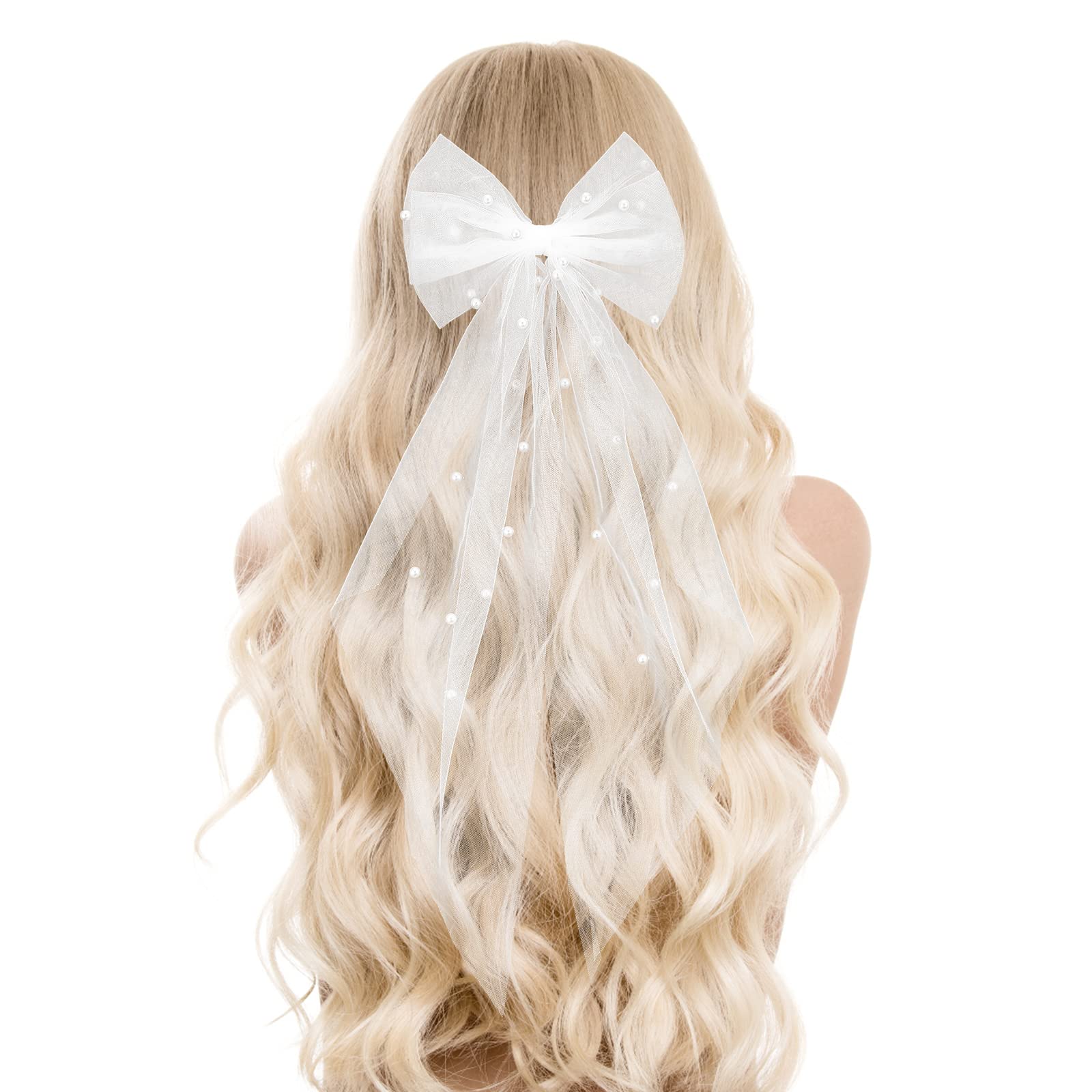 Bridal Pearl Hair Bow Veil Bridesmaid Large Hair Bow Wedding Veil with Barrette Bachelorette Party Decorations Bridal Bridesmaid