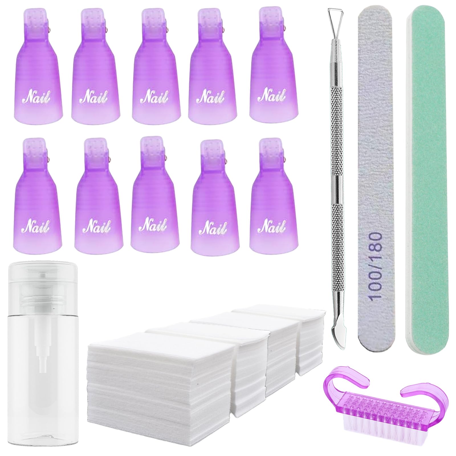Ponjowl Gel Nail Polish Remover Kit with 10pcs purple Nail Polish Remover Clips Cap, Dispenser Bottle,Gel Polish Cuticle Pusher,