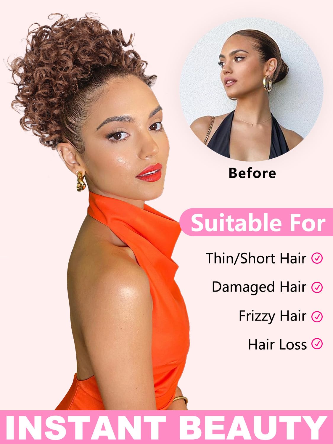 Alxnan Messy Hair Bun Hair Piece For Women Elastic Drawstring Loose Wave Curly Buns Short Middle Brown Synthetic Ponytail Extens