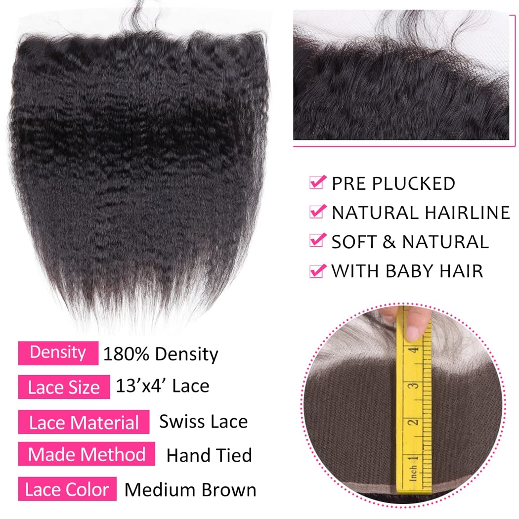 Odir 13X4 Lace Closure Frontal 180% Density Kinky Straight Brazilian Human Hair 20 Inch Unprocessed 9A Yaki Straight Virgin Hair