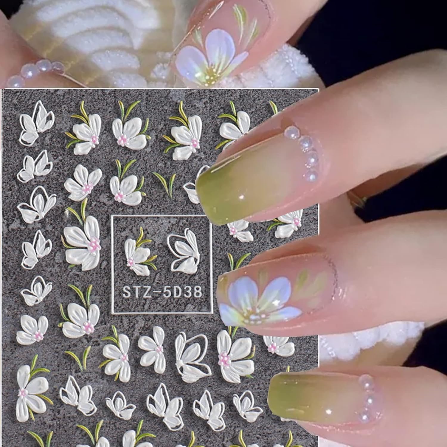 Votacos Flower Nail Stickers For Nail Art 5D Embossed Engraved Nail Decals 3D Spring Summer Nail Supplies Accessories White Blue