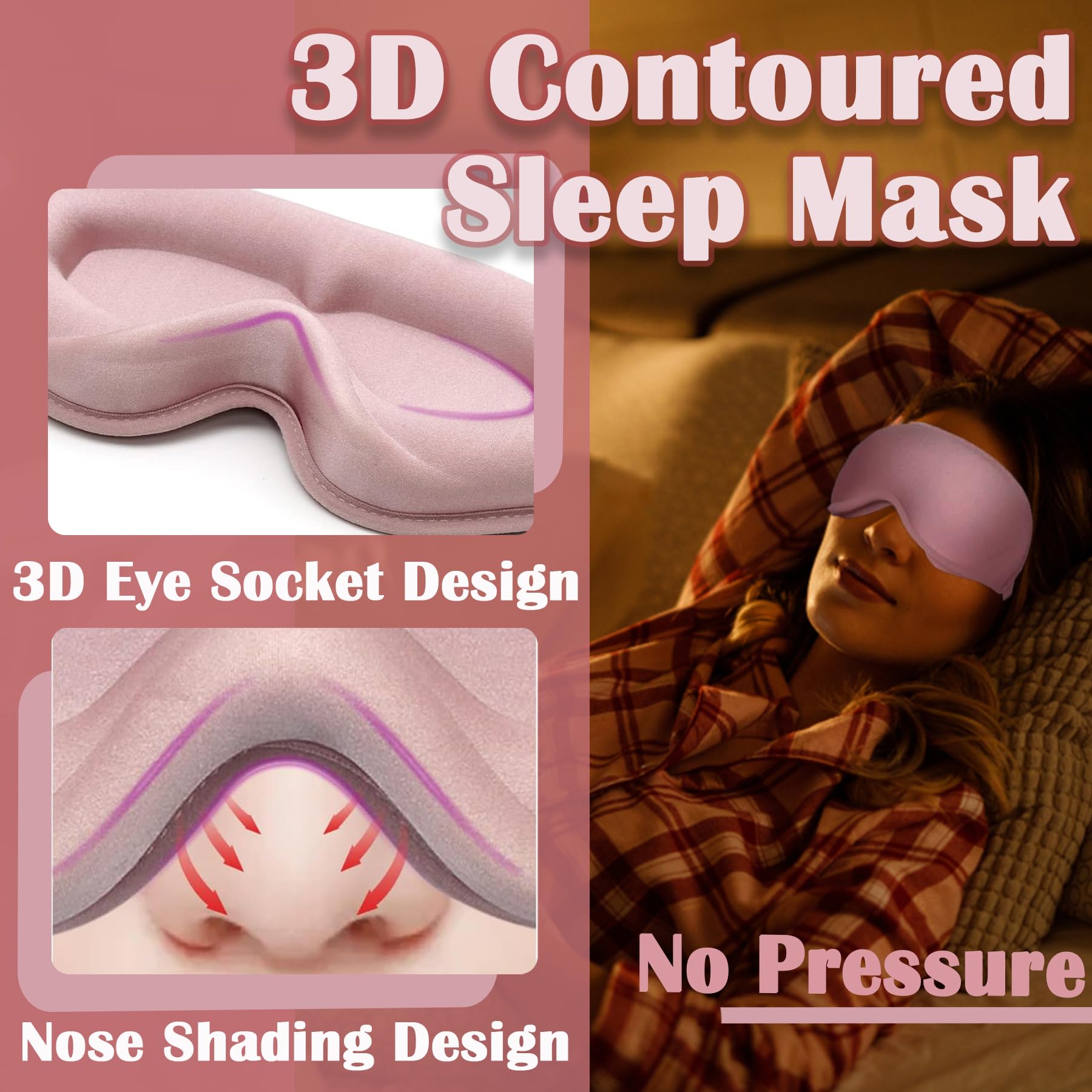 gusonse Sleep Mask for Women - 3D Contoured Eye Shade, Natural Material, Pink, Ideal for Lash Extensions, Travel, Yoga, and Naps